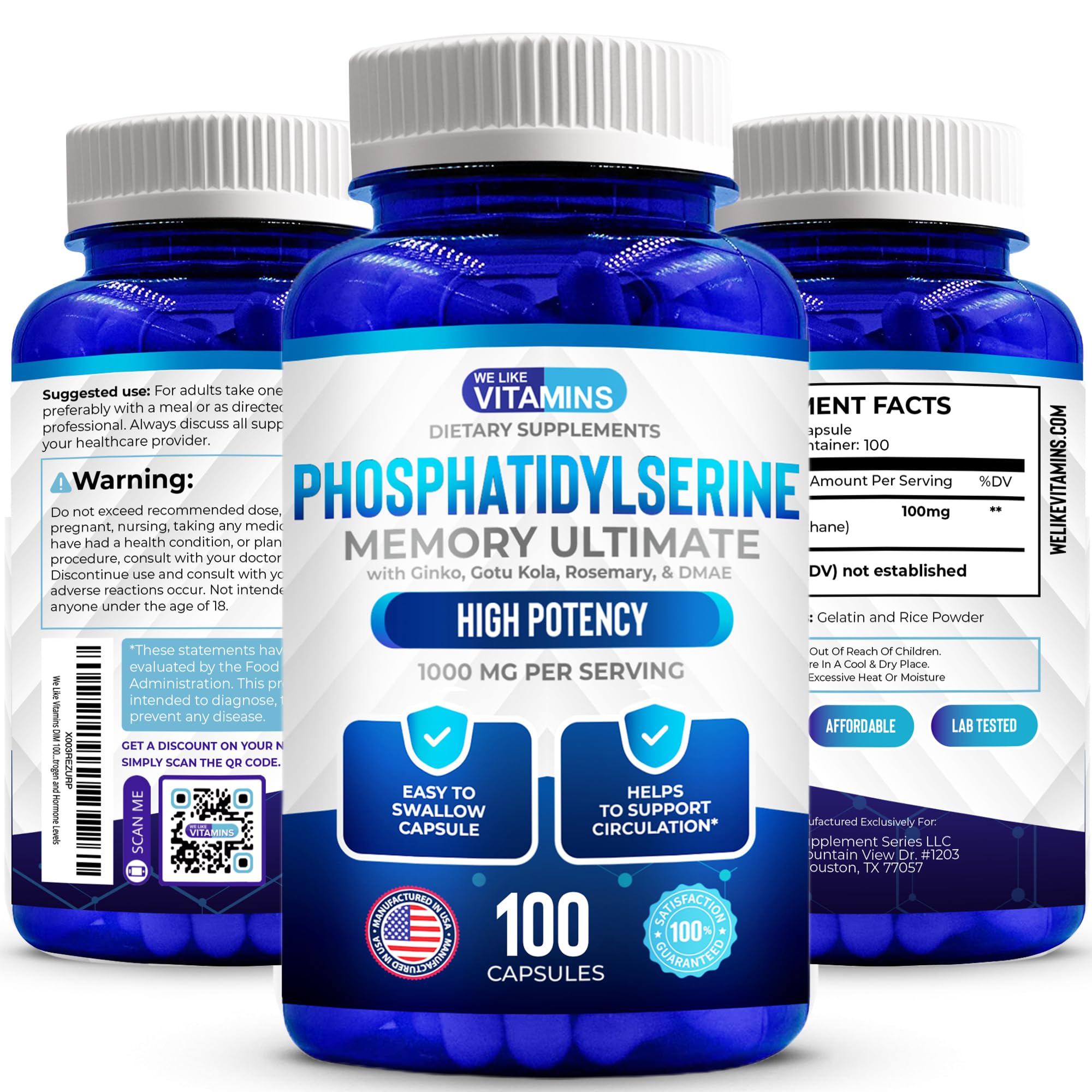 We Like Vitamins Phosphatidylserine Supplement with Gingko Biloba, Gotu Kola, DMAE - Improves Focus, Memory, Cognitive Function - Soy-Free 1000mg Memory Ultimate Complex - 100 Easy-to-Swallow Capsules We Like VitaminsAu supplements