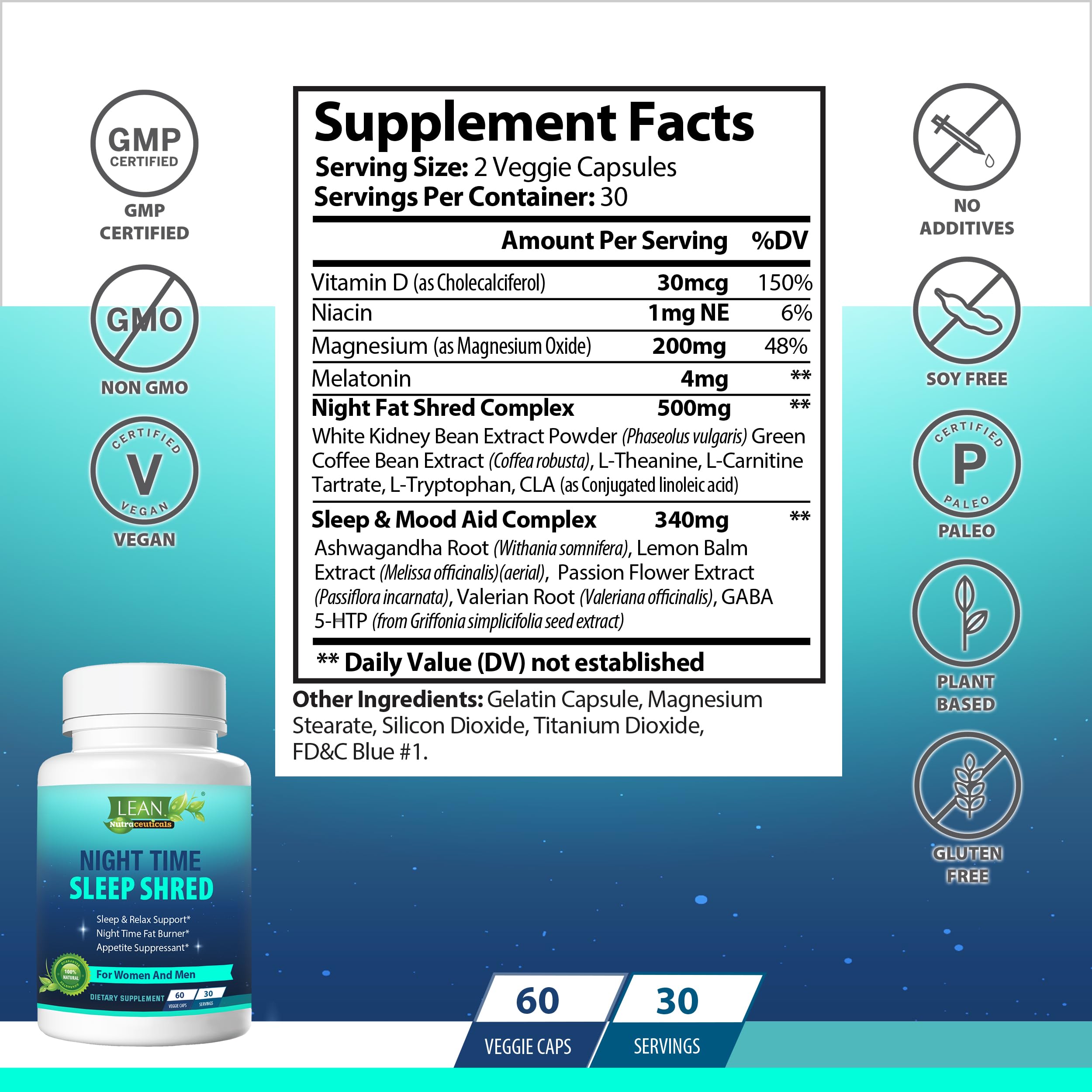 Night Time Sleep Shred Fast Fat Burner, Weight Loss Aid Pill, Appetite Suppressant Carb LEAN NutraceuticalsUS supplements