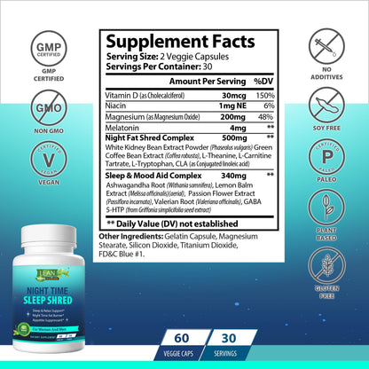 Night Time Sleep Shred Fast Fat Burner, Weight Loss Aid Pill, Appetite Suppressant Carb LEAN NutraceuticalsUS supplements