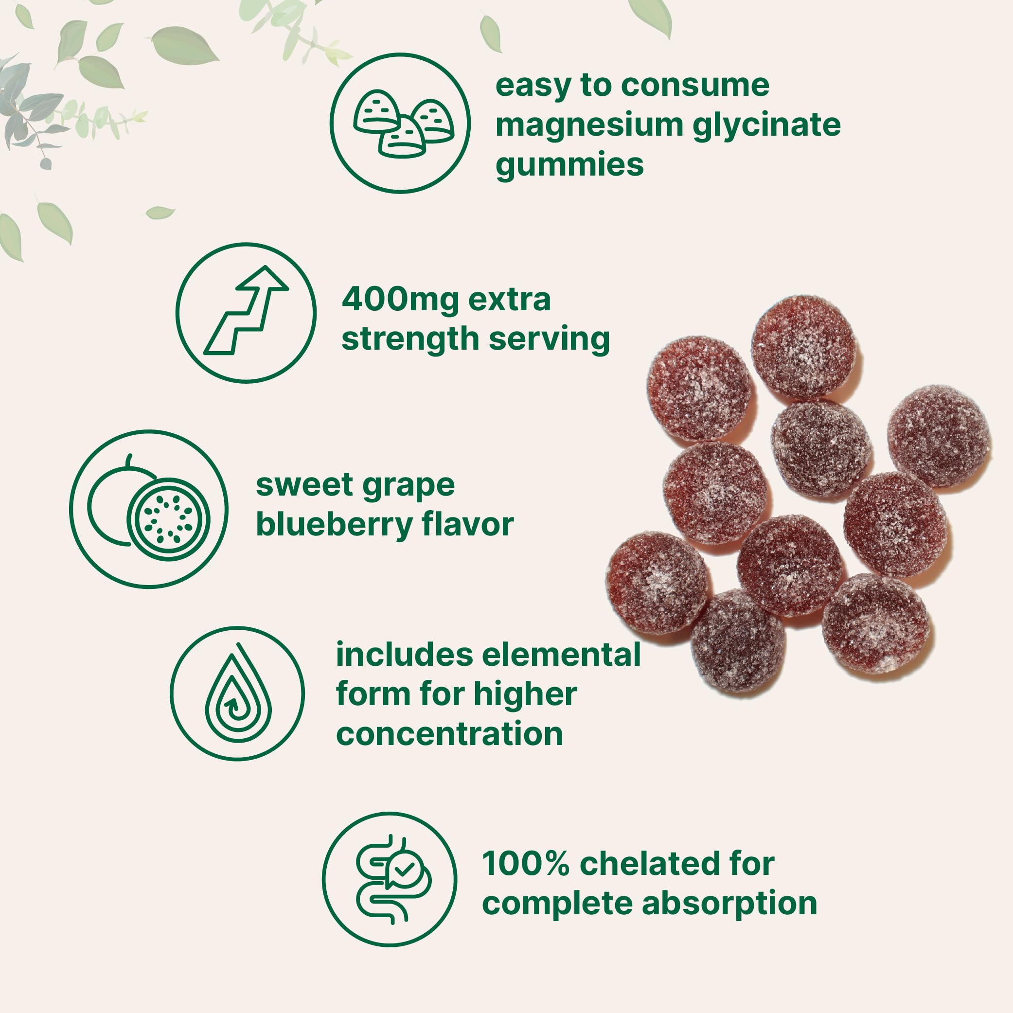 Magnesium Glycinate Gummies 400mg Per Serving, 120 Count | Natural Grape Blueberry Flavor | Potent Elemental Form + Chelated for High Absorption | Healthy Muscle, Bones, & Mood Support Supplement Micro IngredientsAu supplements