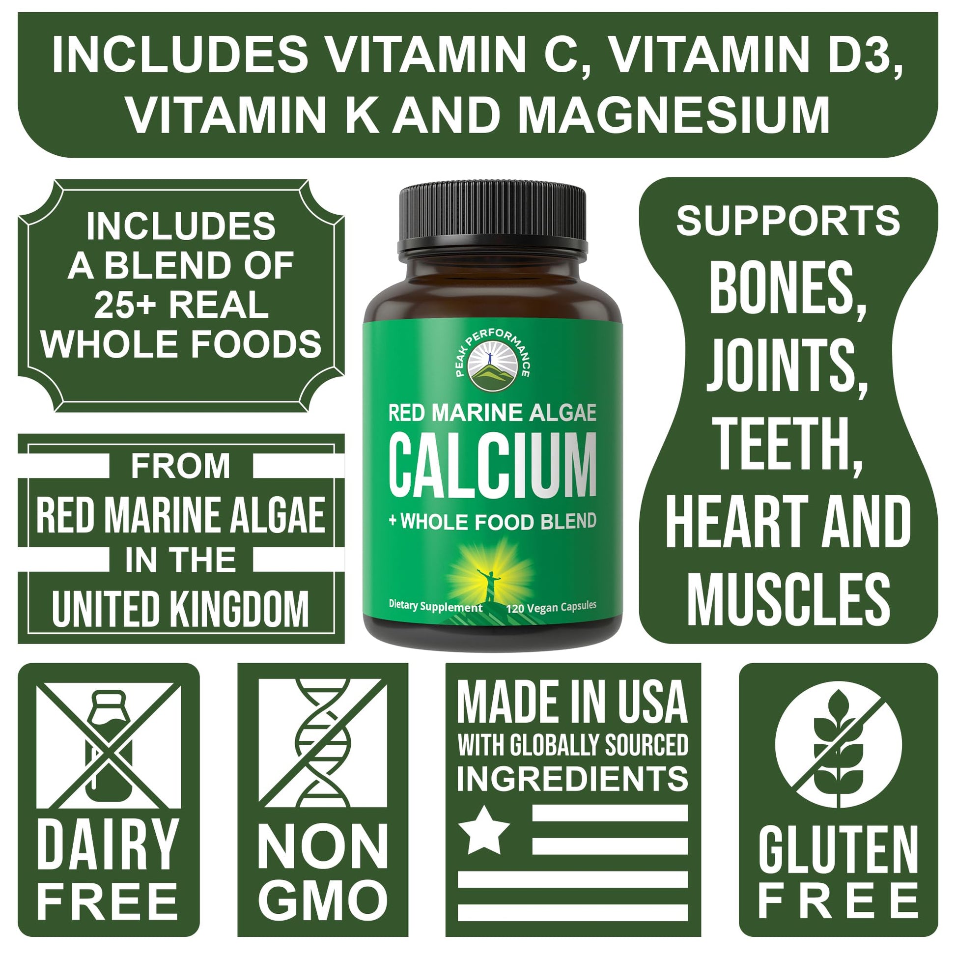 Plant Based Calcium - Red Marine Algae Calcium Supplement with Vitamin C, D3, K, Magnesium, and Whole Food Vegetable Blend. Vegan Capsules for Bones and Joints. 120 Pills, Tablets Peak PerformanceAu supplements