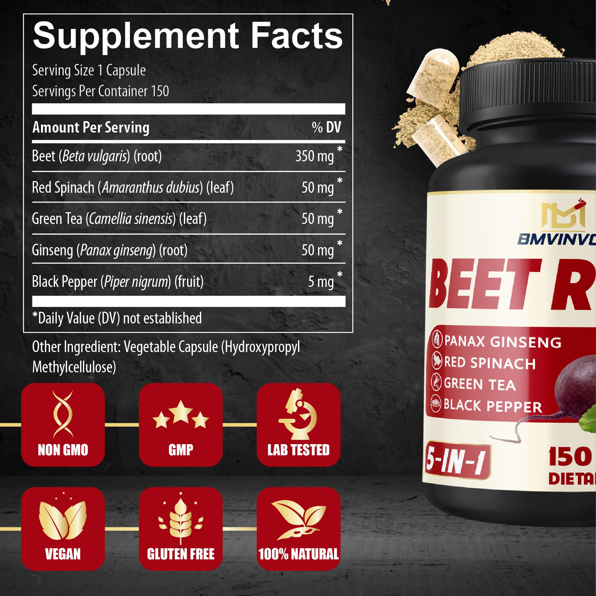 Beet Root, Green Tea, Red Spinach, Ginseng, Black Pepper - 150 Capsules - Supports Digestive, Immune System, Energy Levels - 5 Month Supply BMVINVOLAu supplements