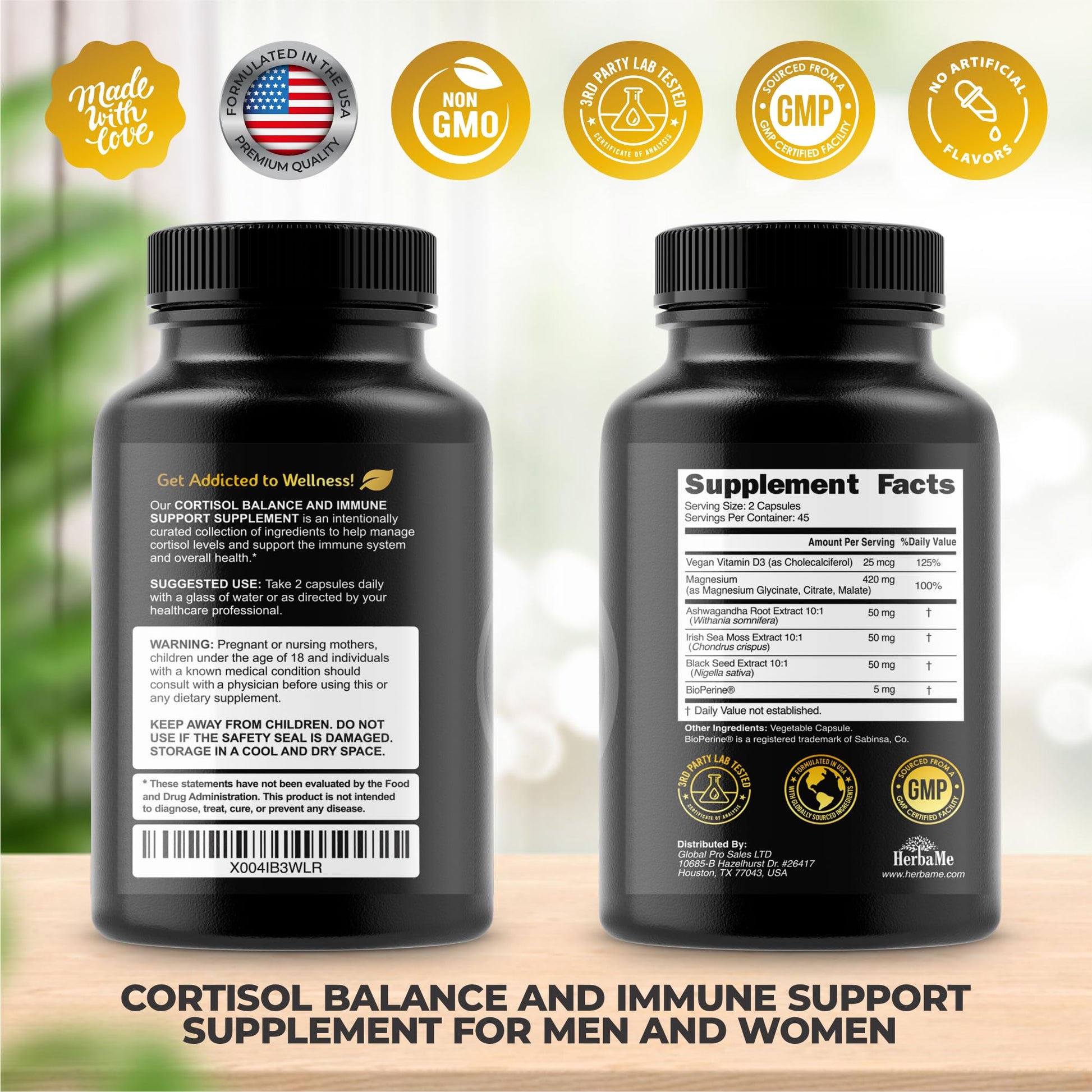 Cortisol Balance and Immune Support Supplement with Ashwagandha, Irish Sea Moss, Black Seed, Vitamin D and Magnesium Complex | Mood Enhancer | Immunity Booster | Stress Relief Pills | 90 Capsules HerbaMeAu supplements