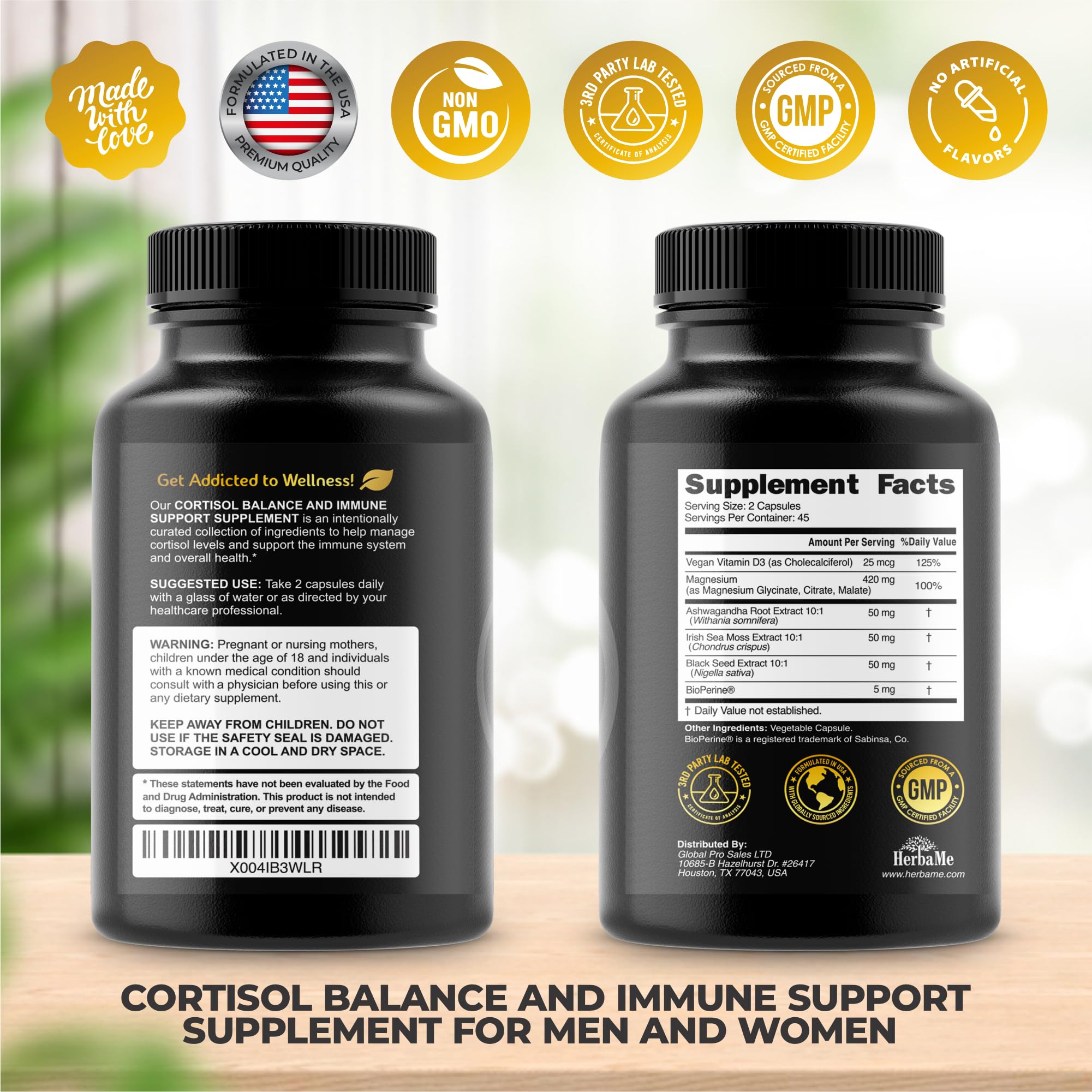 Cortisol Balance and Immune Support Supplement with Ashwagandha, Irish Sea Moss, Black Seed, Vitamin D and Magnesium Complex | Mood Enhancer | Immunity Booster | Stress Relief Pills | 90 Capsules HerbaMeAu supplements