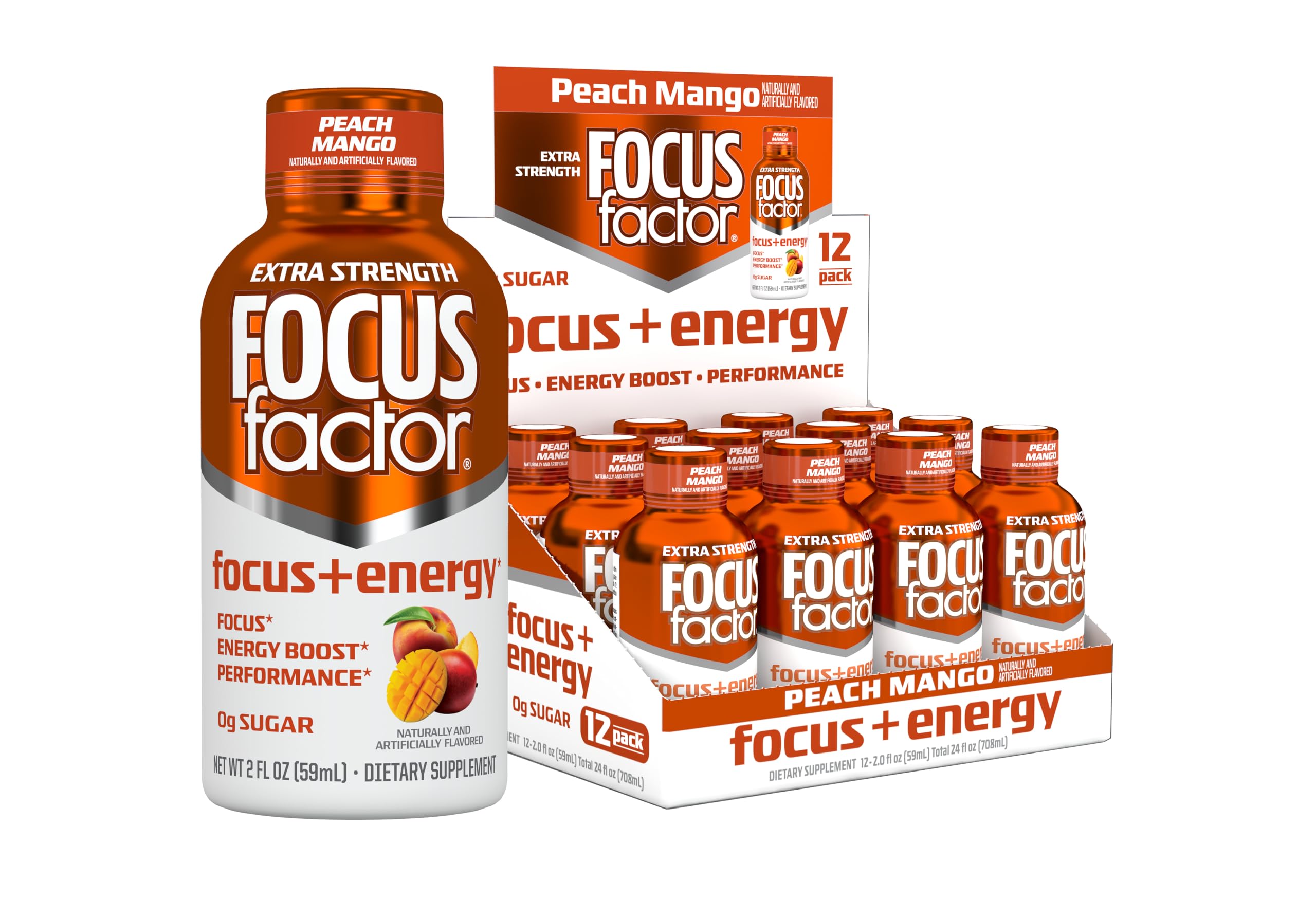 Focus Factor Extra Strength Focus + Energy Shots - 12 x 2oz Bottles (Peach Mango Flavor) - Powered by Nootropics with Caffeine, L-Theanine, Ginkgo, Bacopa, L-Tyrosine, Alpha GPC Focus FactorAu supplements