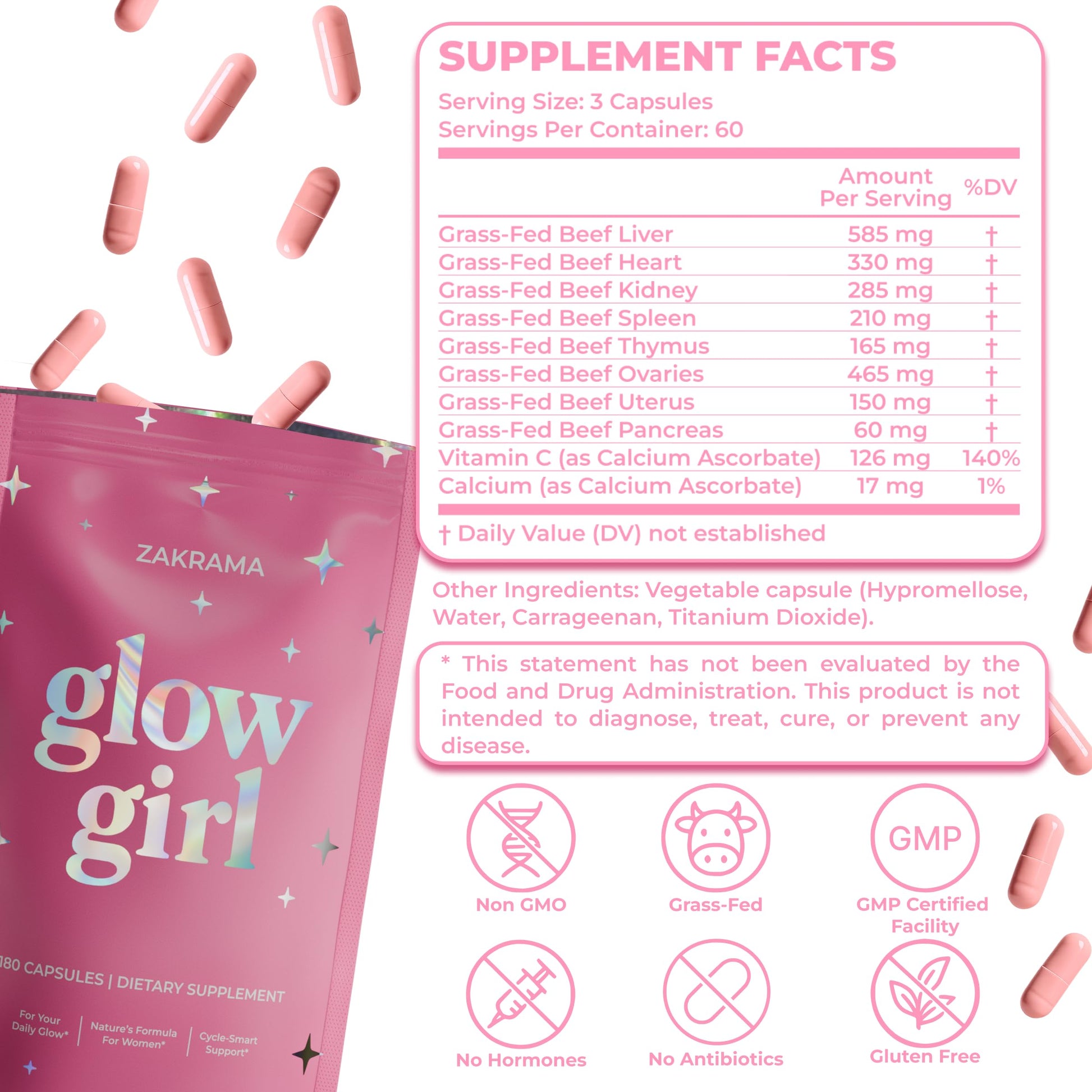 Beef Organ Supplement for Women – Grass-Fed Beef Liver, Ovary, Uterus & Organ Complex for Hormone Balance, Energy & PMS Support – Pasture-Raised + Vitamin C – 180 Capsules | Glow Girl | Zakrama ZakramaAu supplements