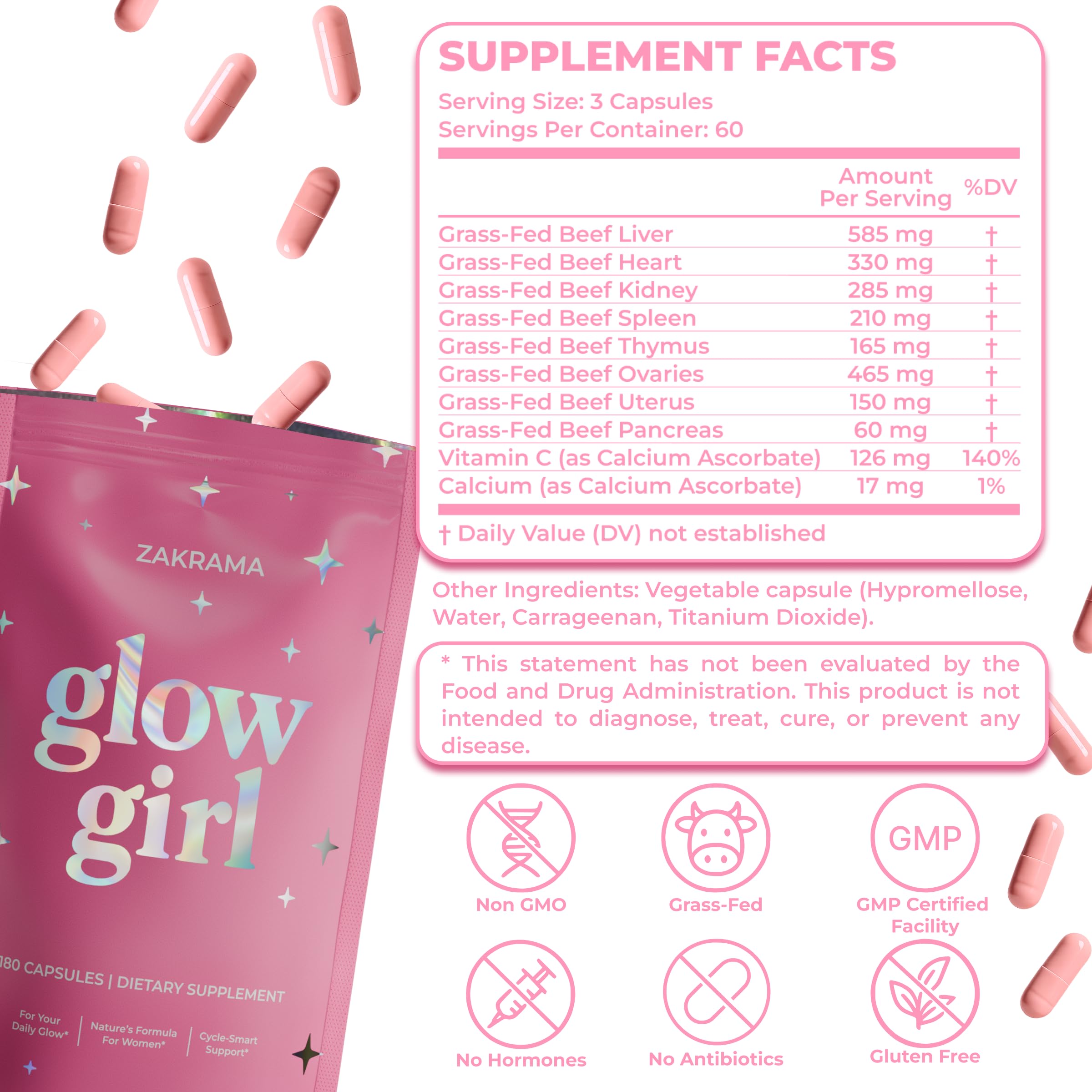 Beef Organ Supplement for Women – Grass-Fed Beef Liver, Ovary, Uterus & Organ Complex for Hormone Balance, Energy & PMS Support – Pasture-Raised + Vitamin C – 180 Capsules | Glow Girl | Zakrama ZakramaAu supplements