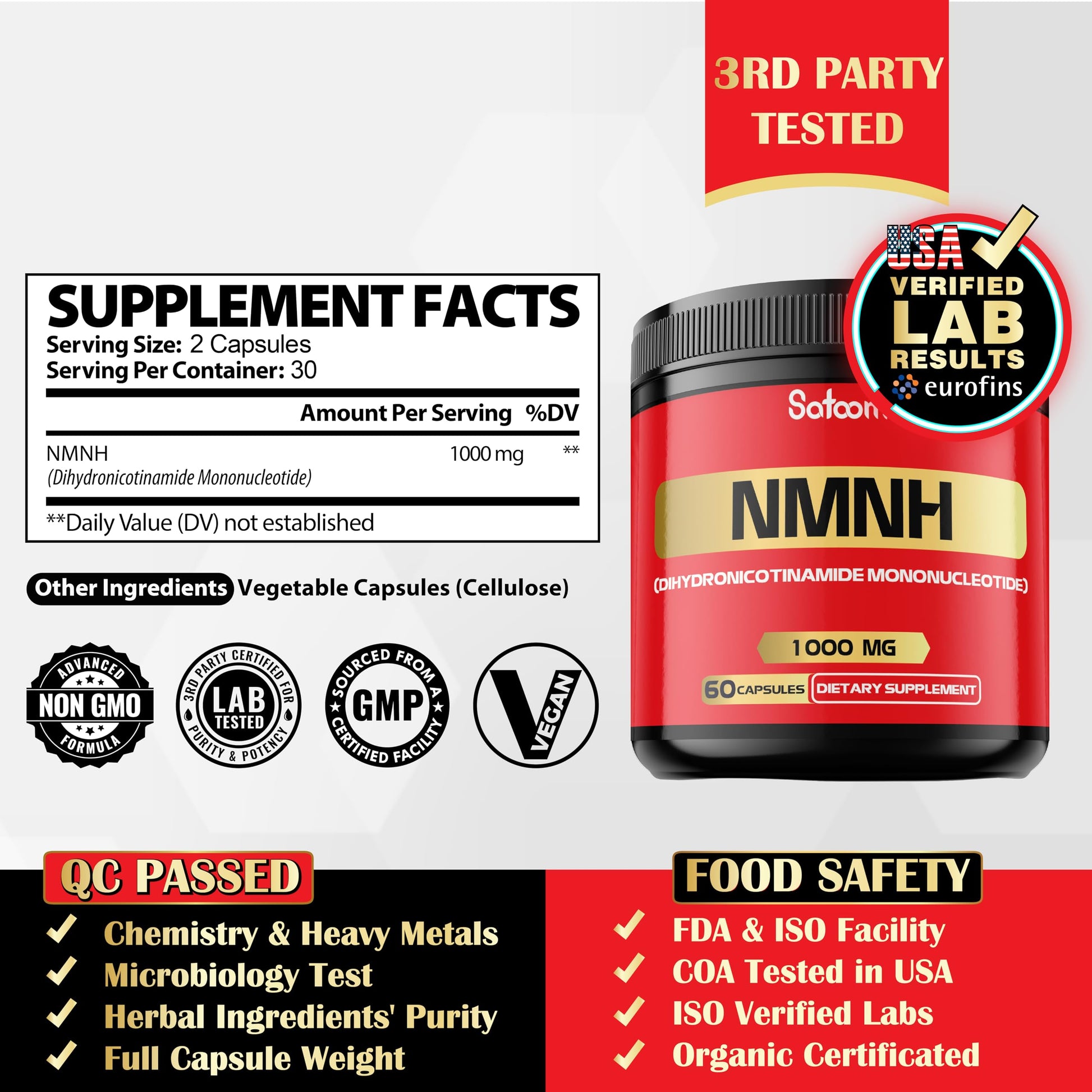 NMNH (Dihydronicotinamide Mononucleotide) -NMN Supplement Alternative - 1000mg per Serving NAD Supplement to Support NAD - 60 Capsules - 30 Days Supply SatoomiAu supplements