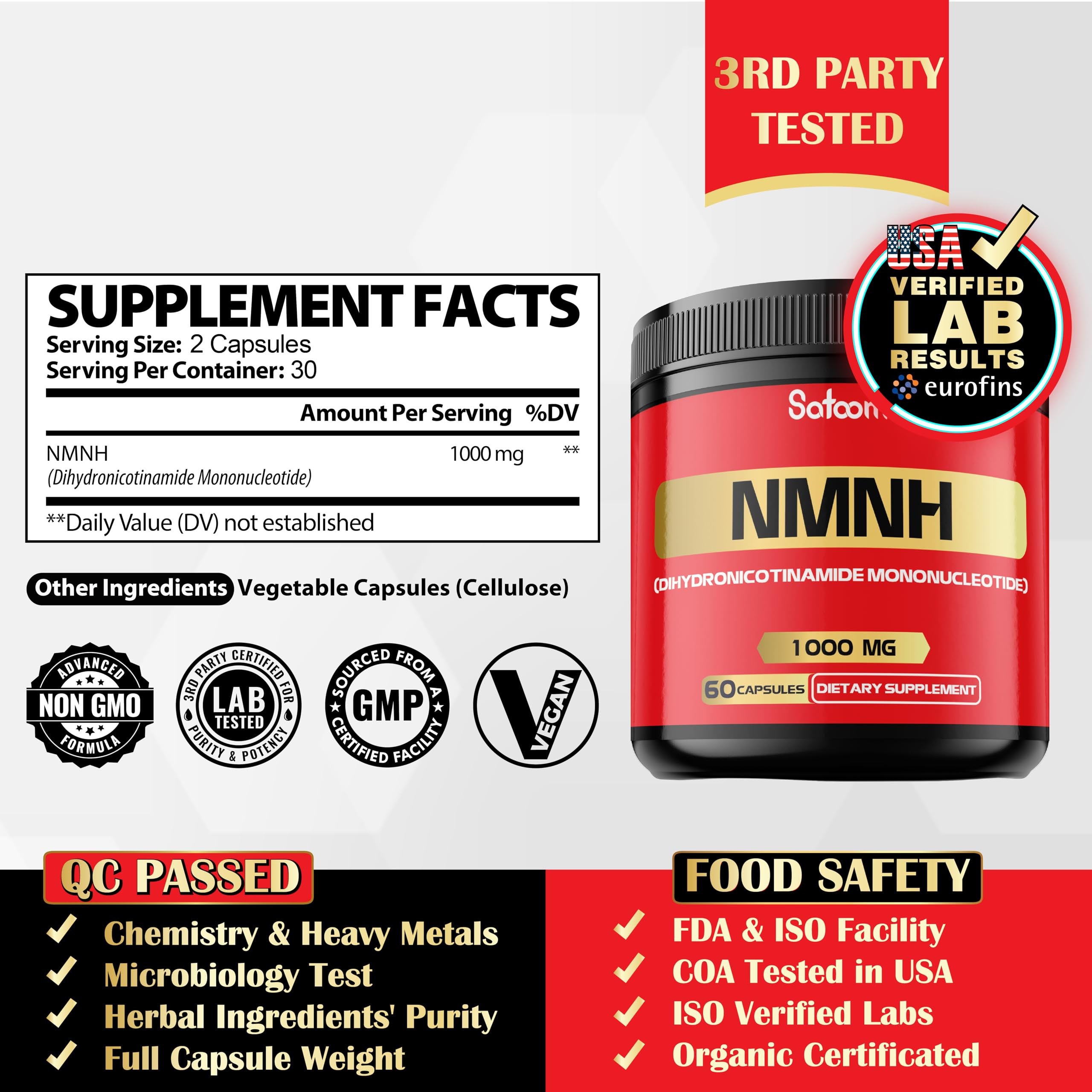 NMNH (Dihydronicotinamide Mononucleotide) -NMN Supplement Alternative - 1000mg per Serving NAD Supplement to Support NAD - 60 Capsules - 30 Days Supply SatoomiAu supplements