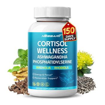 CORTISOL Wellness Ashwagandha 14-in-1 Natural Blend with Phosphatidylserine Magnolia Rhodiola St. John's Wort Peppermint Bacopa - 150 Count NESSARITAu supplements