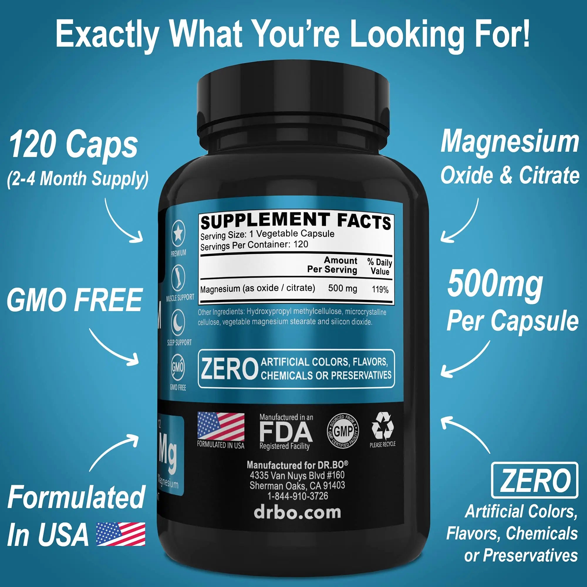 Magnesium Complex Supplement Capsules 500mg - Support Energy, Relaxation, Leg Cramps & Legs - Help Aid Muscle Support Supplements - High Absorption Premium Mag Citrate Oxide - 120 Capsules DR. BOnz supplements