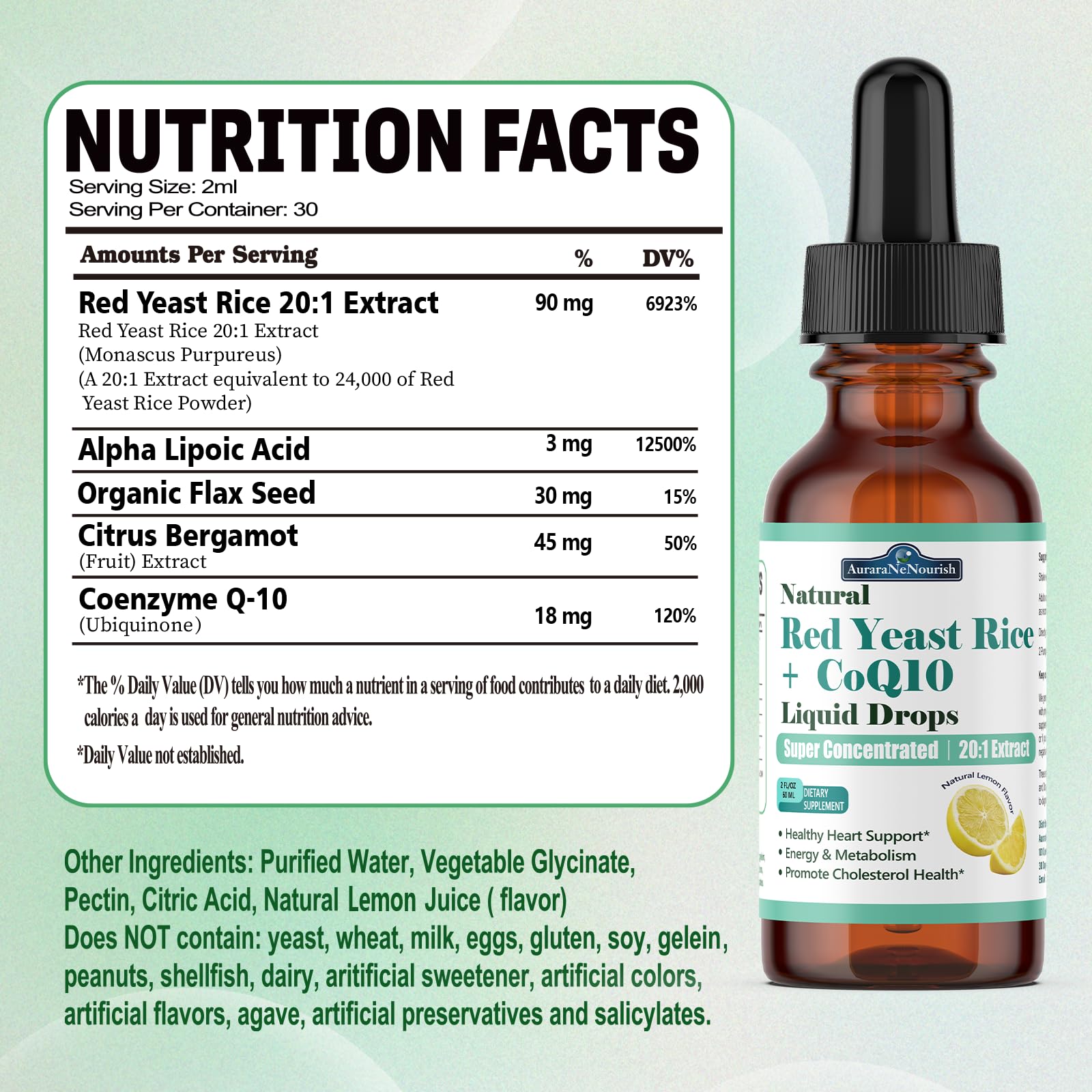 Liposomal Red Yeast Rice with Coq10 Liquid Drops, 5-in-1 Extra Strength 1200mg Cholesterol & Heart Support w. Citrus Bergamot Alpha Lipoic Acid | Cholesterol Lowering Supplement | GMO & Citrinin Free AuraraNeNourishAu supplements