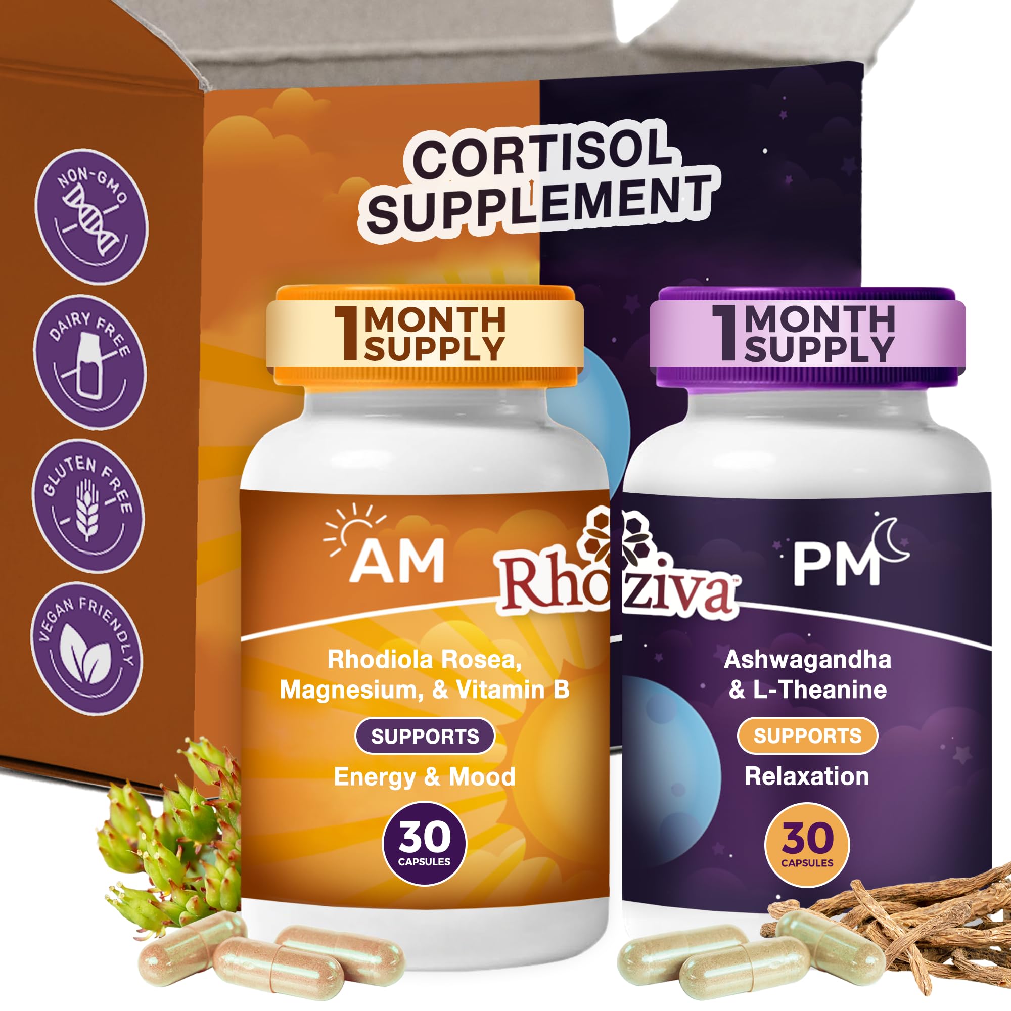 AM PM Multivitamin - Cortisol Supplements for Women and Men with L-Theanine, Ashwagandha - Rhodiola Rosea Supplement 200mg - Vitamin B Complex - Nootropics - Day and Night Vitamins for Women & Men RhozivaAu supplements