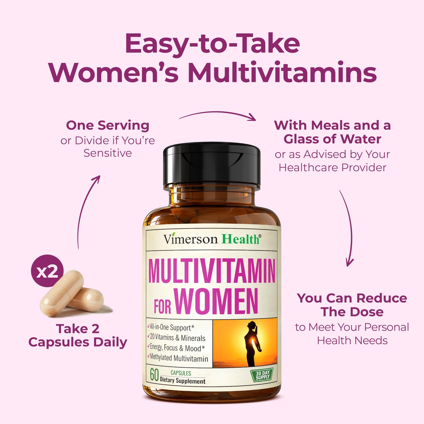 Methylated Multivitamin for Women w/Bioavailable Vitamins, Chelated Minerals, Vitamin D, B12, C, A & Zinc for Energy, Focus and Immune Health Vimerson HealthUS supplements