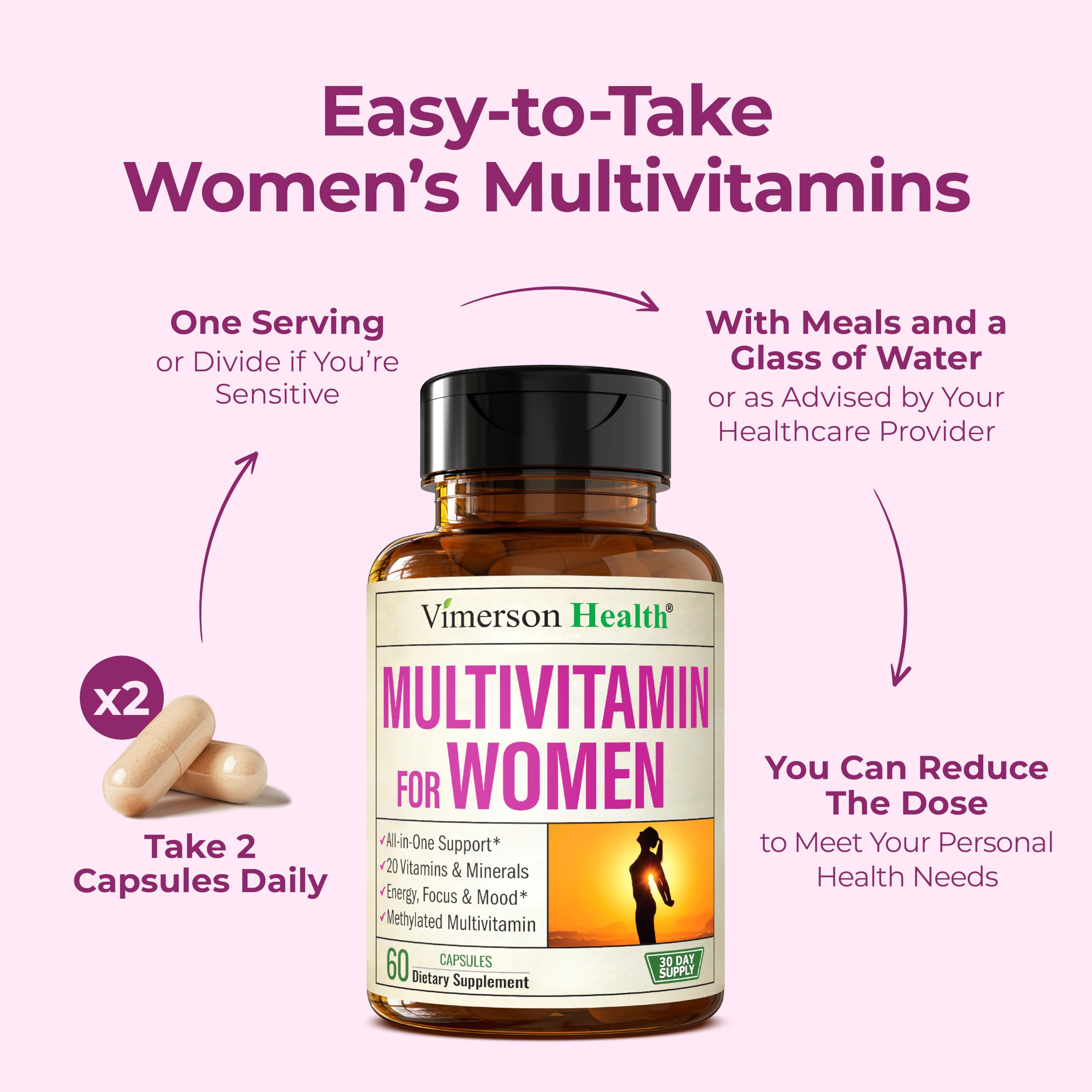 Methylated Multivitamin for Women w/Bioavailable Vitamins, Chelated Minerals, Vitamin D, B12, C, A & Zinc for Energy, Focus and Immune Health Vimerson HealthUS supplements