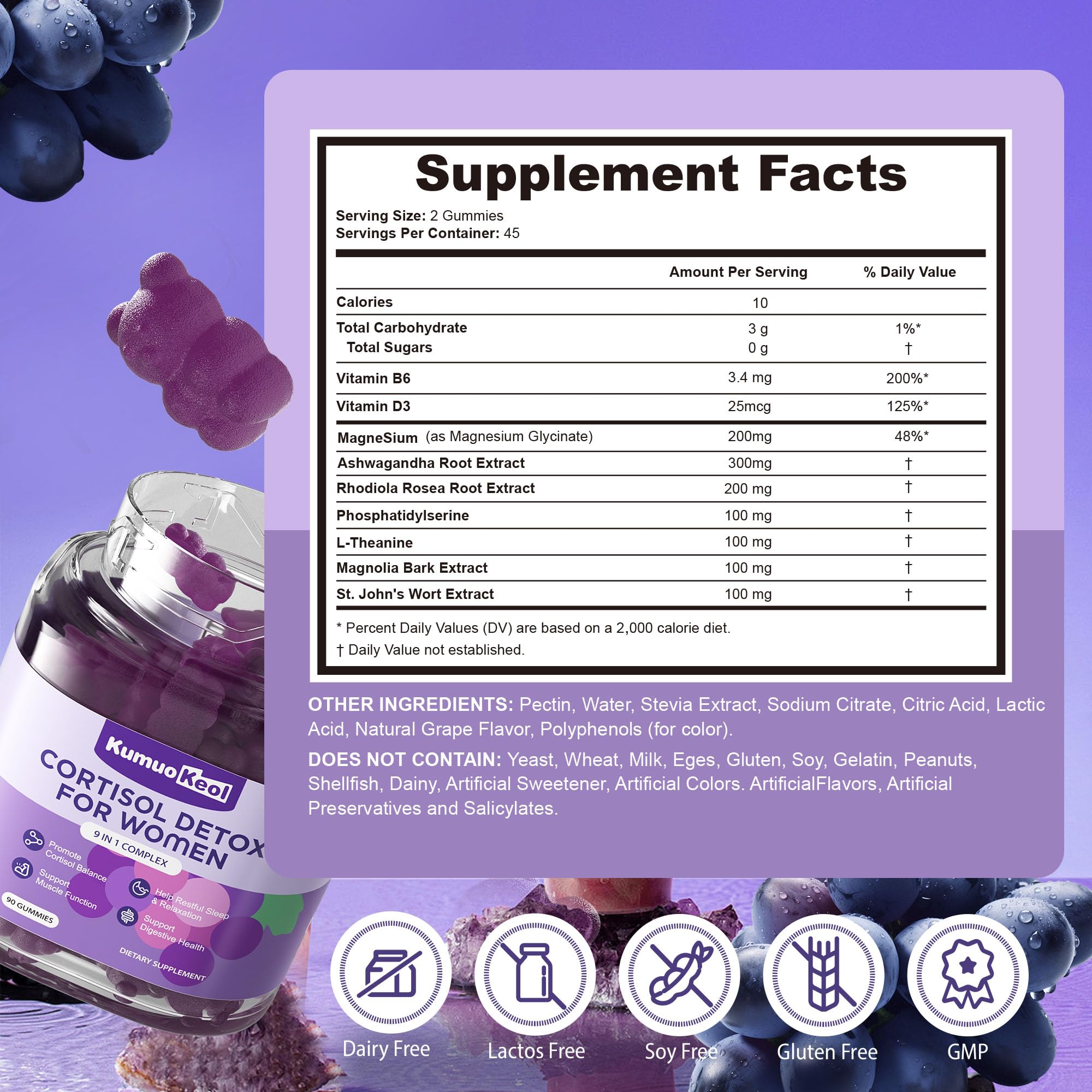 Cortisol Supplements for Women, Lower Cortisol for Women, Cortisol Gummies with Ashwagandha, Magnesium, L-Theanine, Phosphatidylserine, Vitamin, Relaxation, Focus, Sugar-Free, Vegan, 90 Count KumuoKeolAu supplements