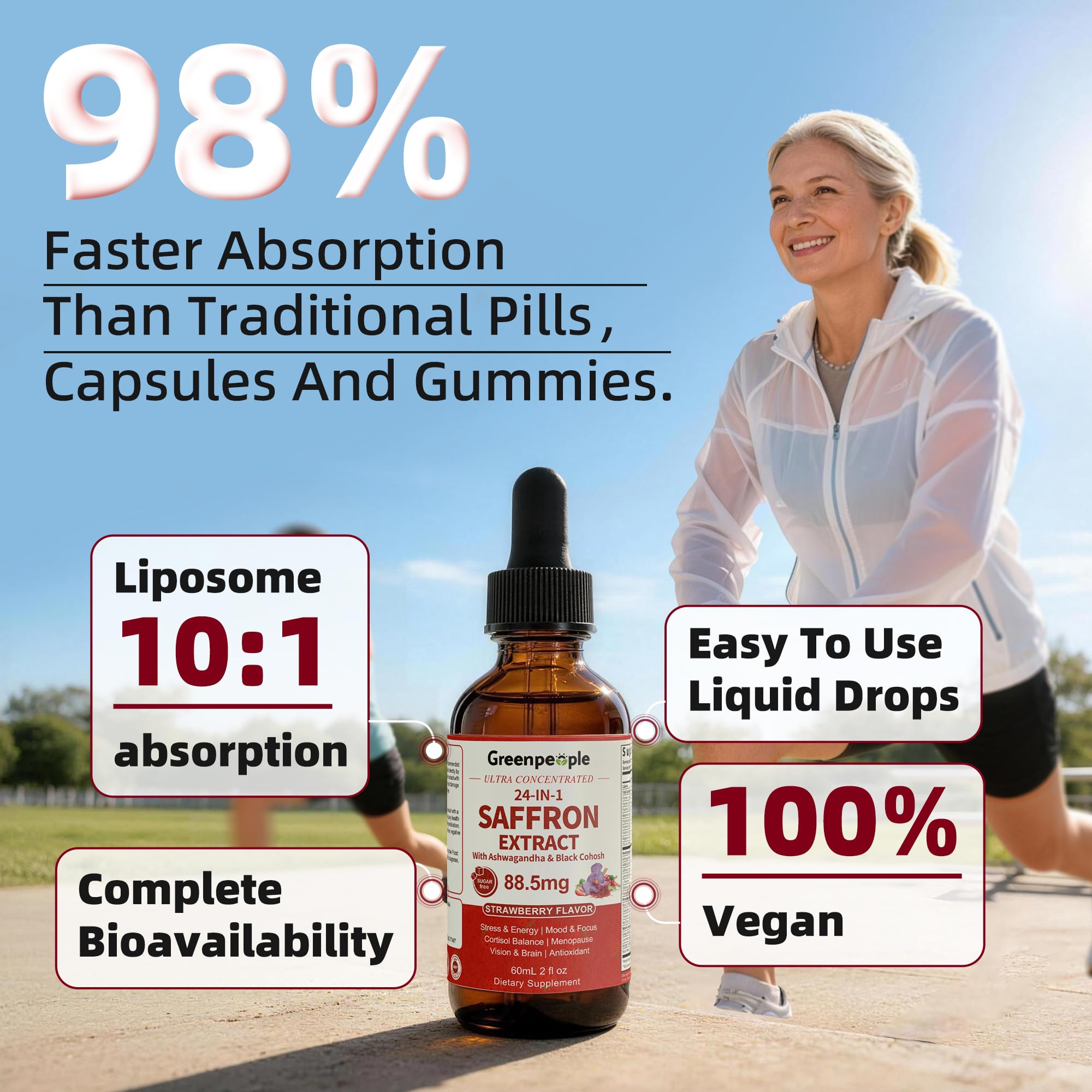 GREENPEOPLE Saffron Extract Supplements Drop - 24-in-1 88.5mg Saffron Extract with Ashwagandha,Black Cohosh & Lion's Mane for Mood&Focus,Stress Relief,Cortisol Reducer,Menopause – Vegan 2FL OZ GREENPEOPLEAu supplements