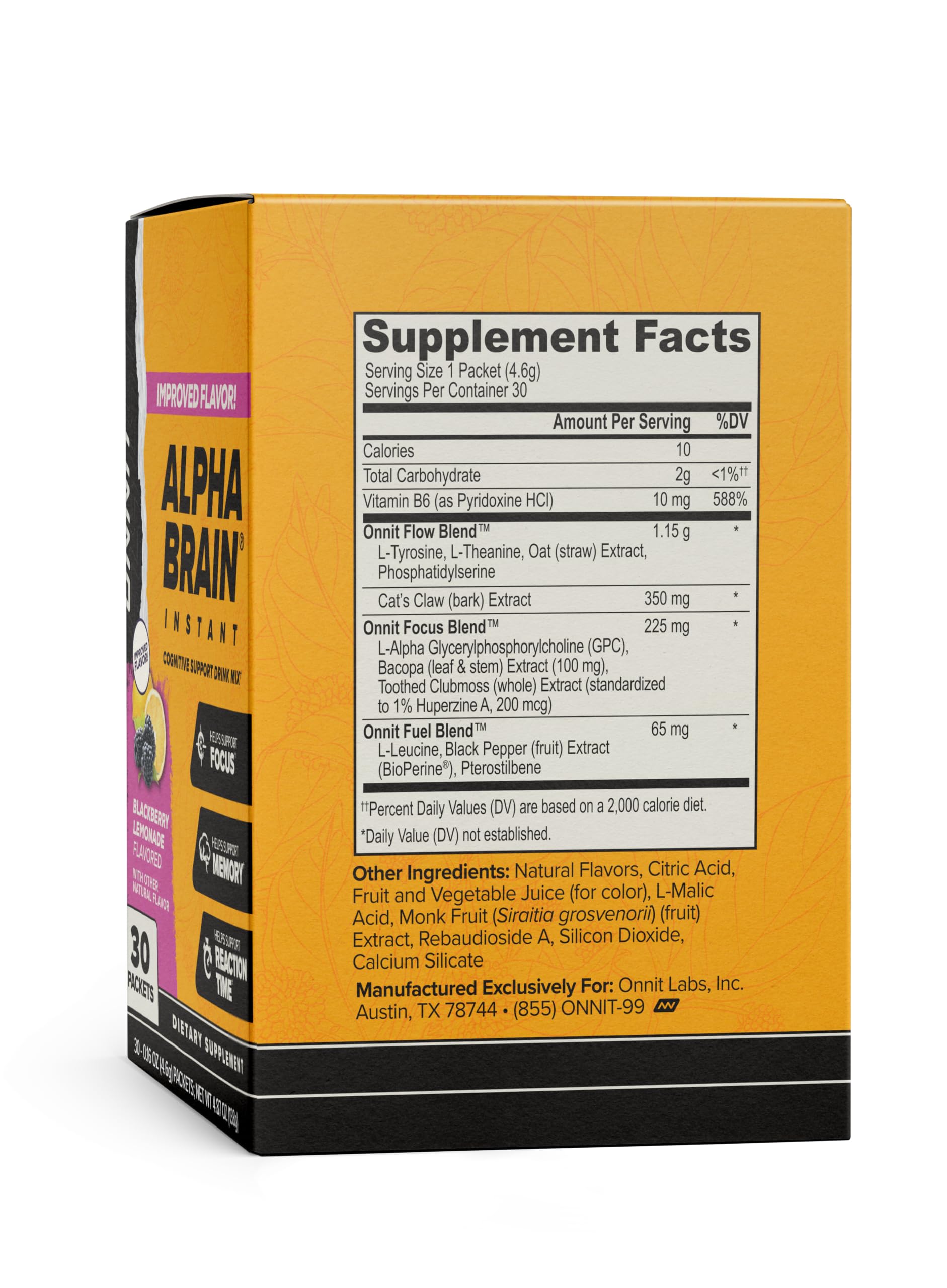 ONNIT Alpha Brain Instant Cognitive Support Drink Mix, BlackBerry Lemonade Flavor, Nootropic Supplement for Focus, Memory, and Clarity, 0.13 oz Packets, 30 Count ONNITAu supplements