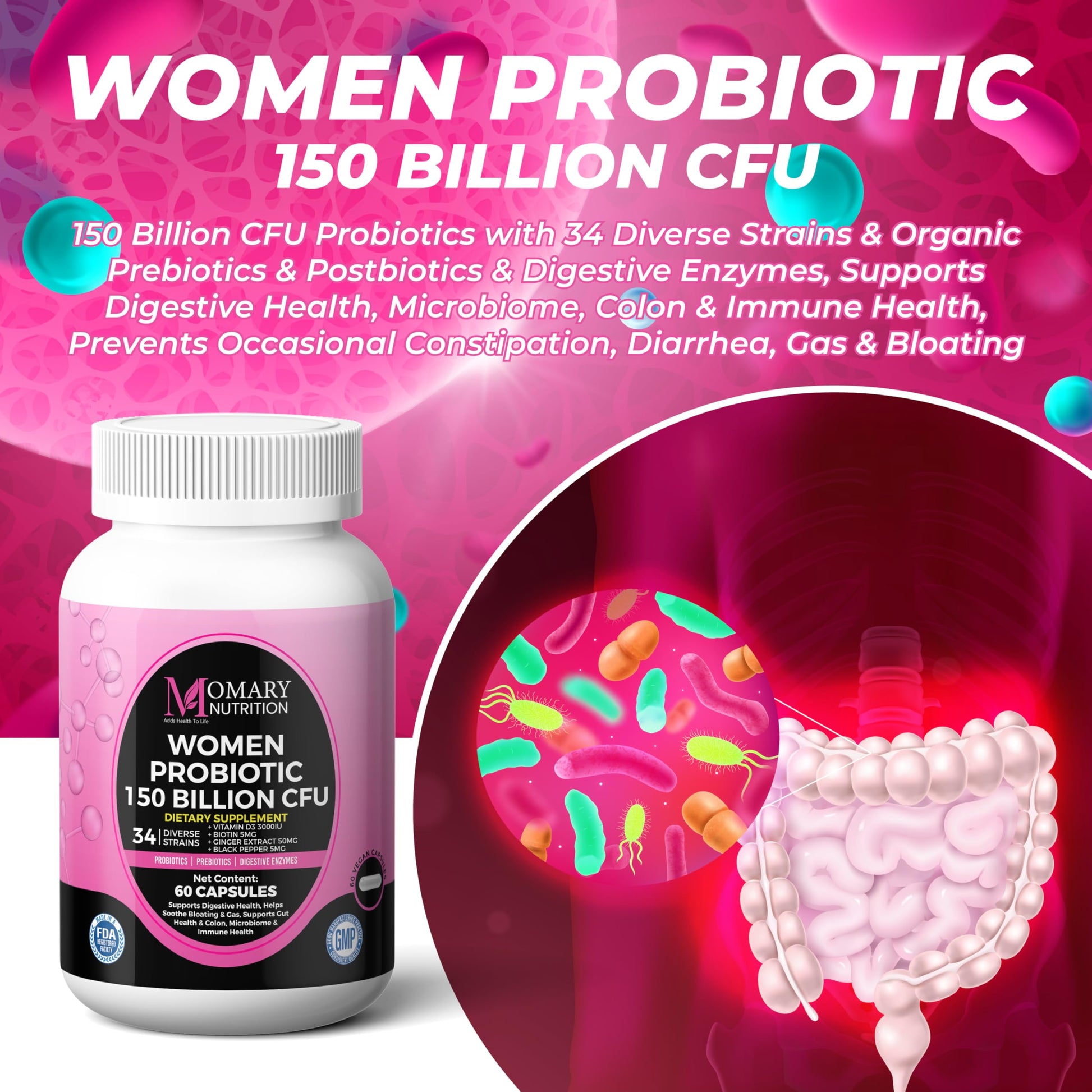 9-in-1 Bio Cultures Complex for Women – 150 Billion CFU Probiotics with 34 Diverse Strains, Organic Prebiotics, Postbiotics, Digestive Enzymes & Biotin – Supports Digestive Balance & Gut Microbiome MOMARY NUTRITIONAu supplements