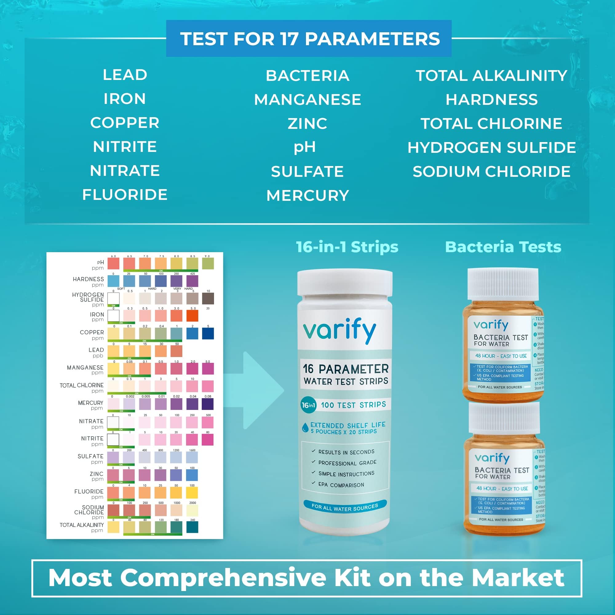Varify 17in1 Complete Drinking Water Test Kit - 100 Strips + 2 Bacteria Tester Kits - Well, Tap, Home, City Water Testing Strip for Lead, Alkaline, Chlorine, Hardness, Iron, Fluoride, Copper & More VARIFYAu supplements