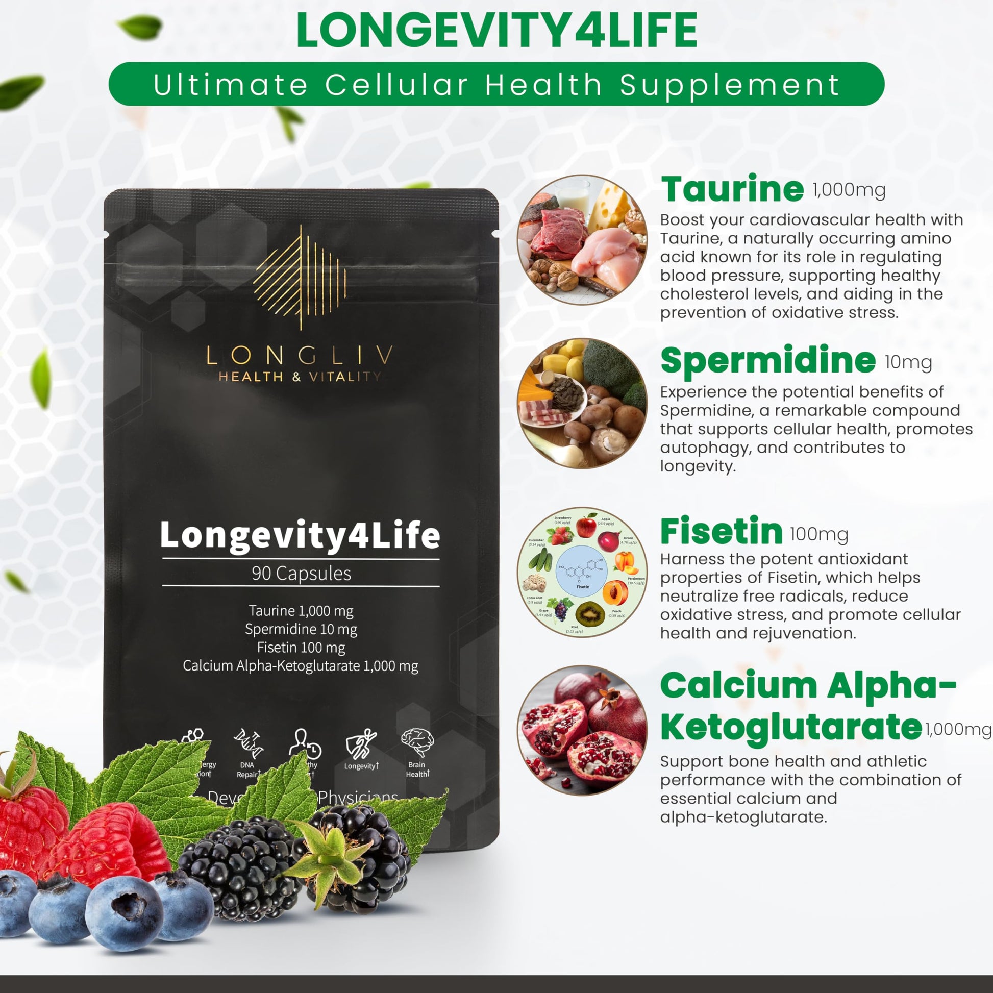 Longevity4Life - Ultimate Cellular Health Supplement - Fisetin, Taurine, Calcium Alpha-Ketoglutarate, and Spermidine Capsules for Longevity and Vitality - Made in USA - Physician Formulated LongLiv Health and VitalityAu supplements