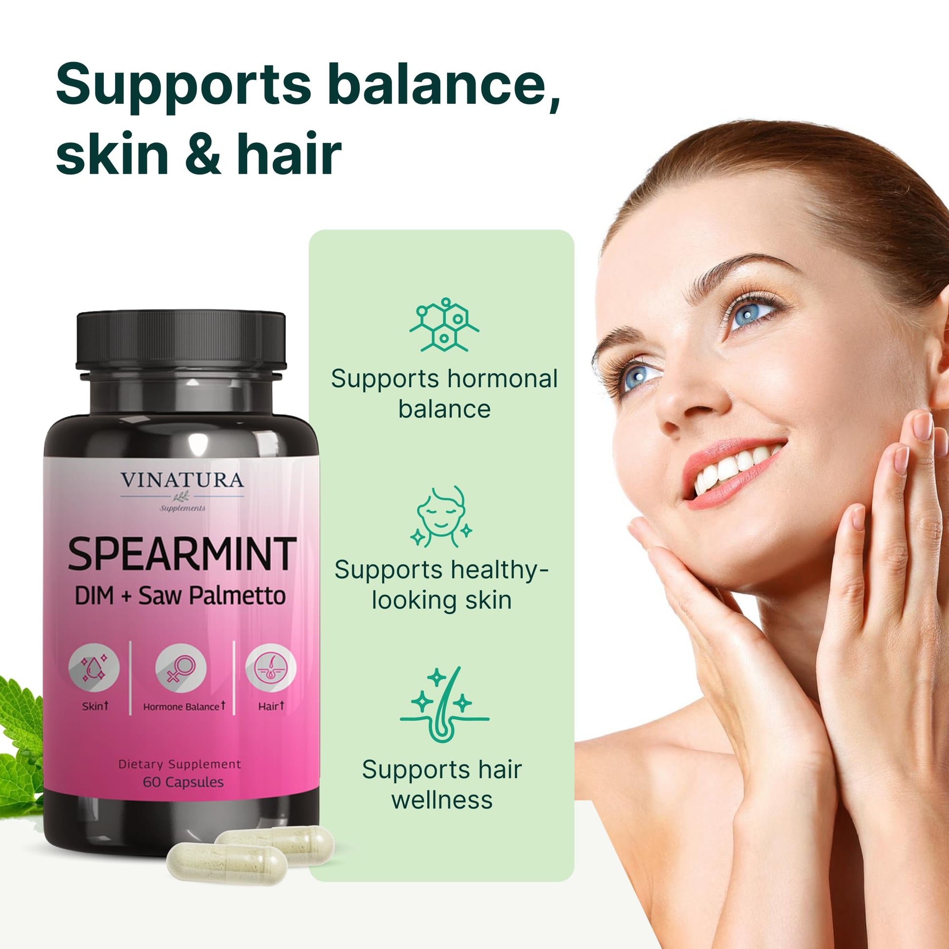 VINATURA Spearmint Leaf Capsules Supplement - Enhanced with DIM & Saw Palmetto, for Unwanted Hair, Women' Health & Skin *USA Made & Tested* - 1380mg/serving, 60 Capsules (30 Servings) VINATURAAu supplements