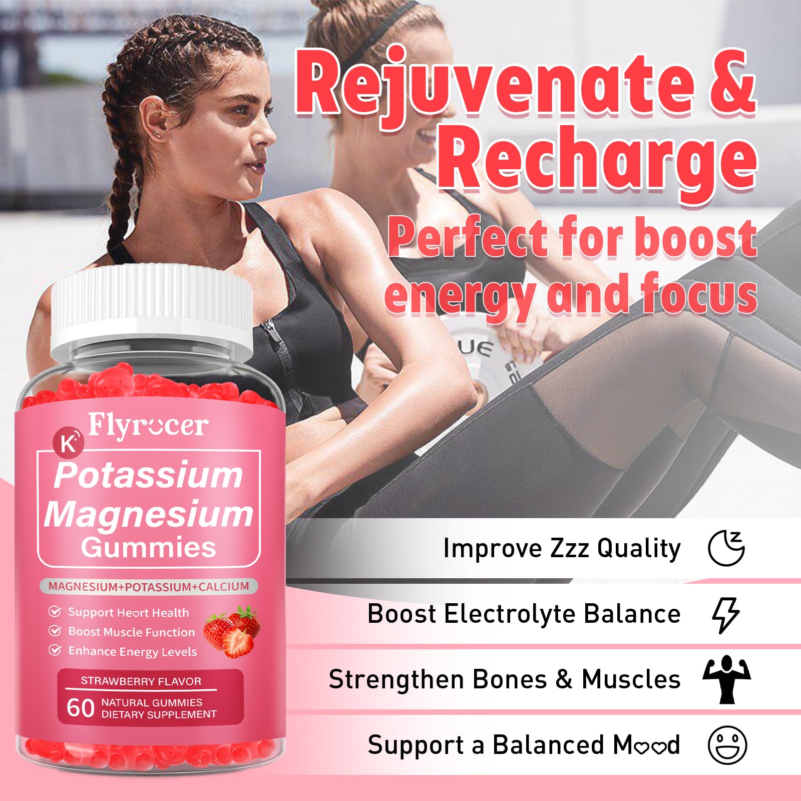 2 Pack Potassium Magnesium Gummies for Men & Women, Potassium Magnesium Supplement for Leg Cramps, Muscle Health, & Electrolyte Balance, Strawberry Flavor, 120 Gummies FlyrocerAu supplements