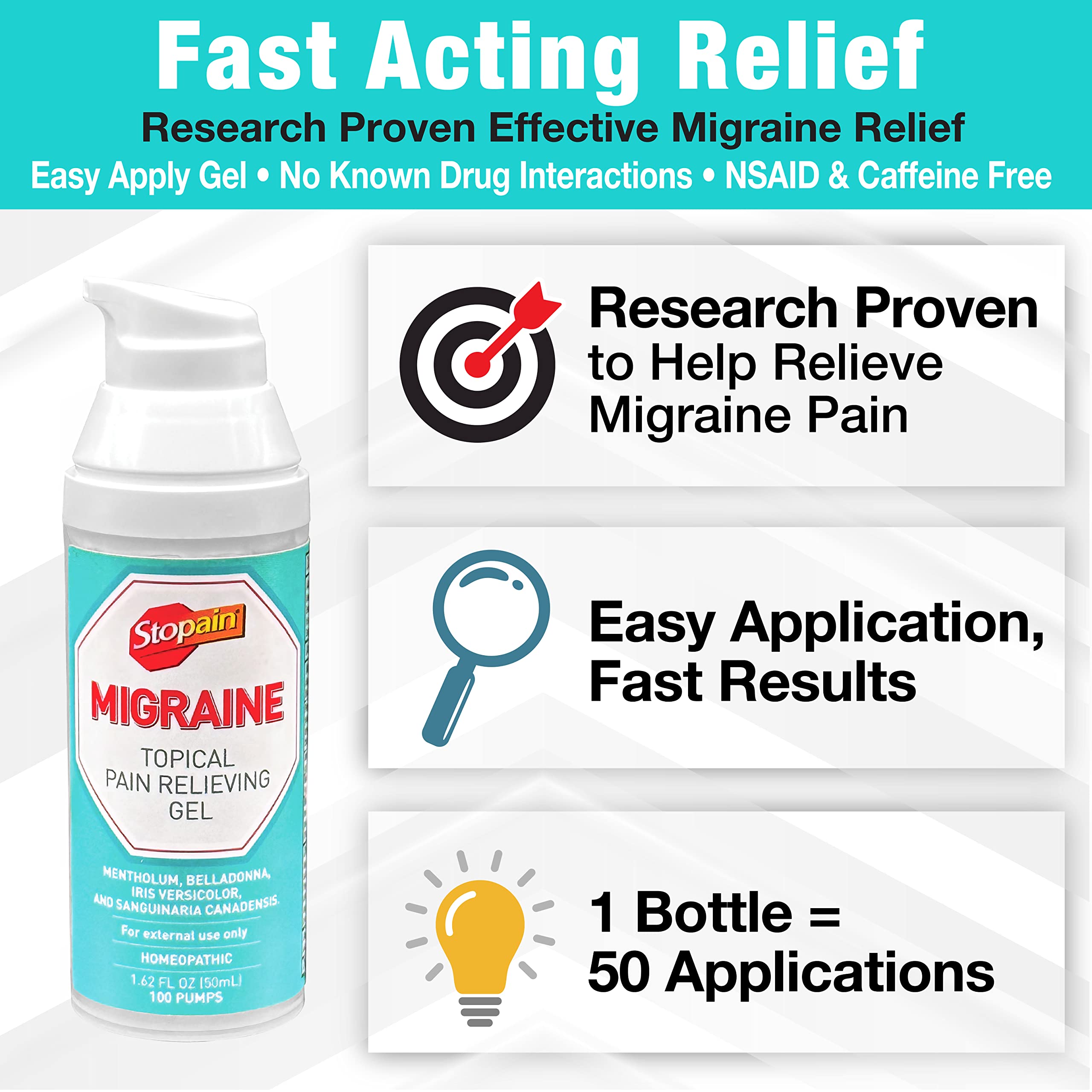 Stopain Migraine Pain Relief Gel Pump, 1.62oz (2 Pack), USA Made, Max Strength Fast Acting Research Proven Effective Topical, No Known Side Effects or Drug Interactions, HSA FSA Approved Products StopainAu supplements