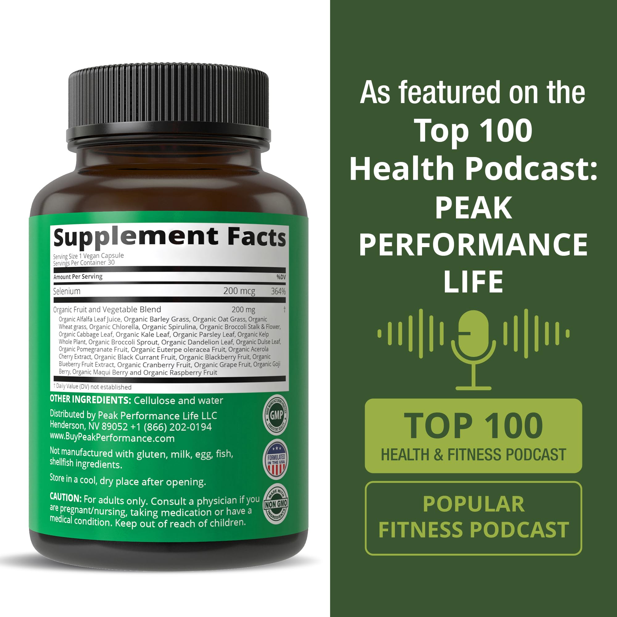 Selenium Supplement with Whole Food Blend of 25+ Vegetables and Fruits for Max Absorption. Pure Selenium Vegan Capsules for Immune System, Thyroid Support, Heart Health, Prostate Support. 30 Pills Peak PerformanceAu supplements