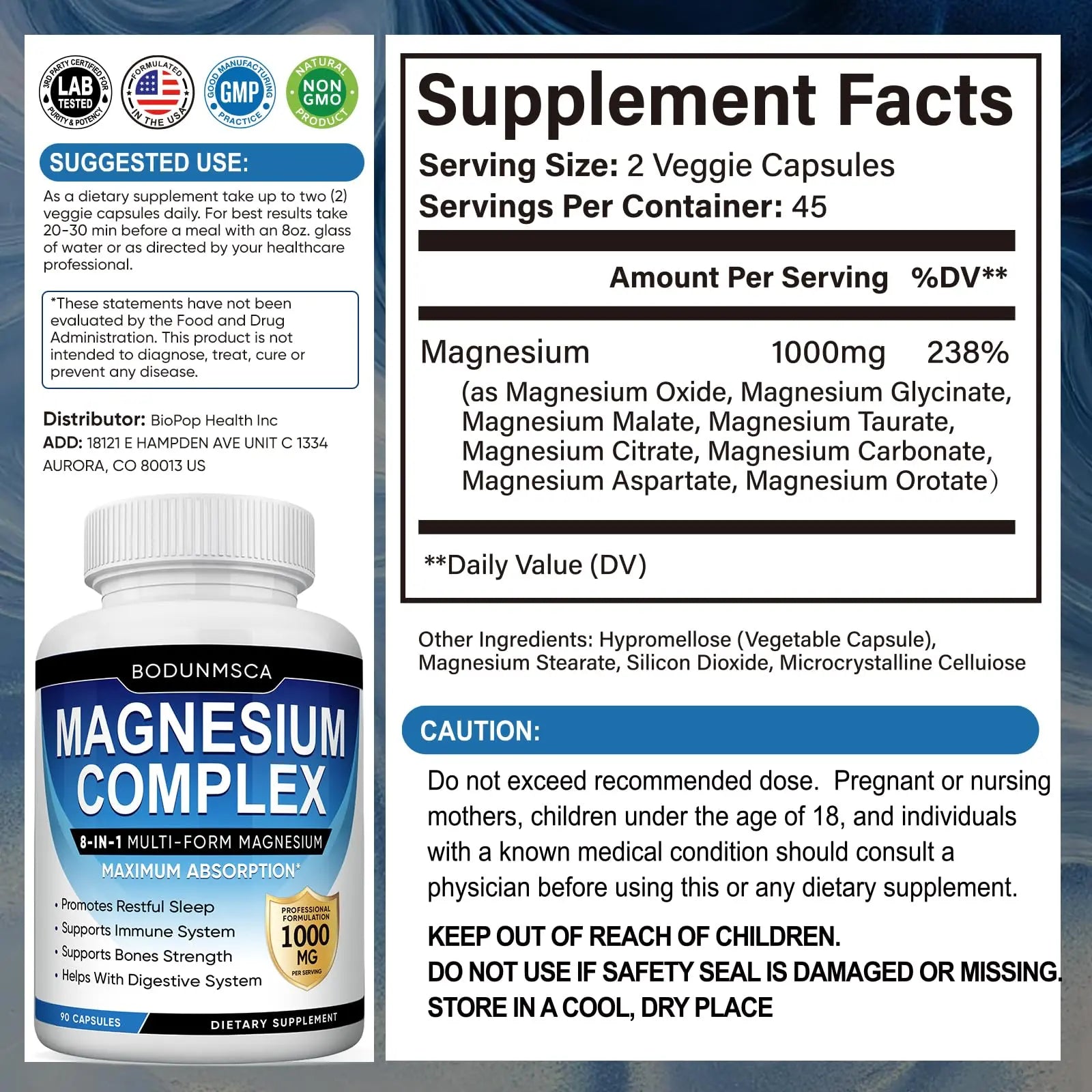 Magnesium Complex, 8 in 1, 1000mg-Glycinate, Citrate, Malate for Easy Absorption, Full Spectrum Magnesium Complex,Supports Relaxation, Sleep & Muscle Function, Magnesio Complex for Women, 180 Capsules BODUNMSCAnz supplements