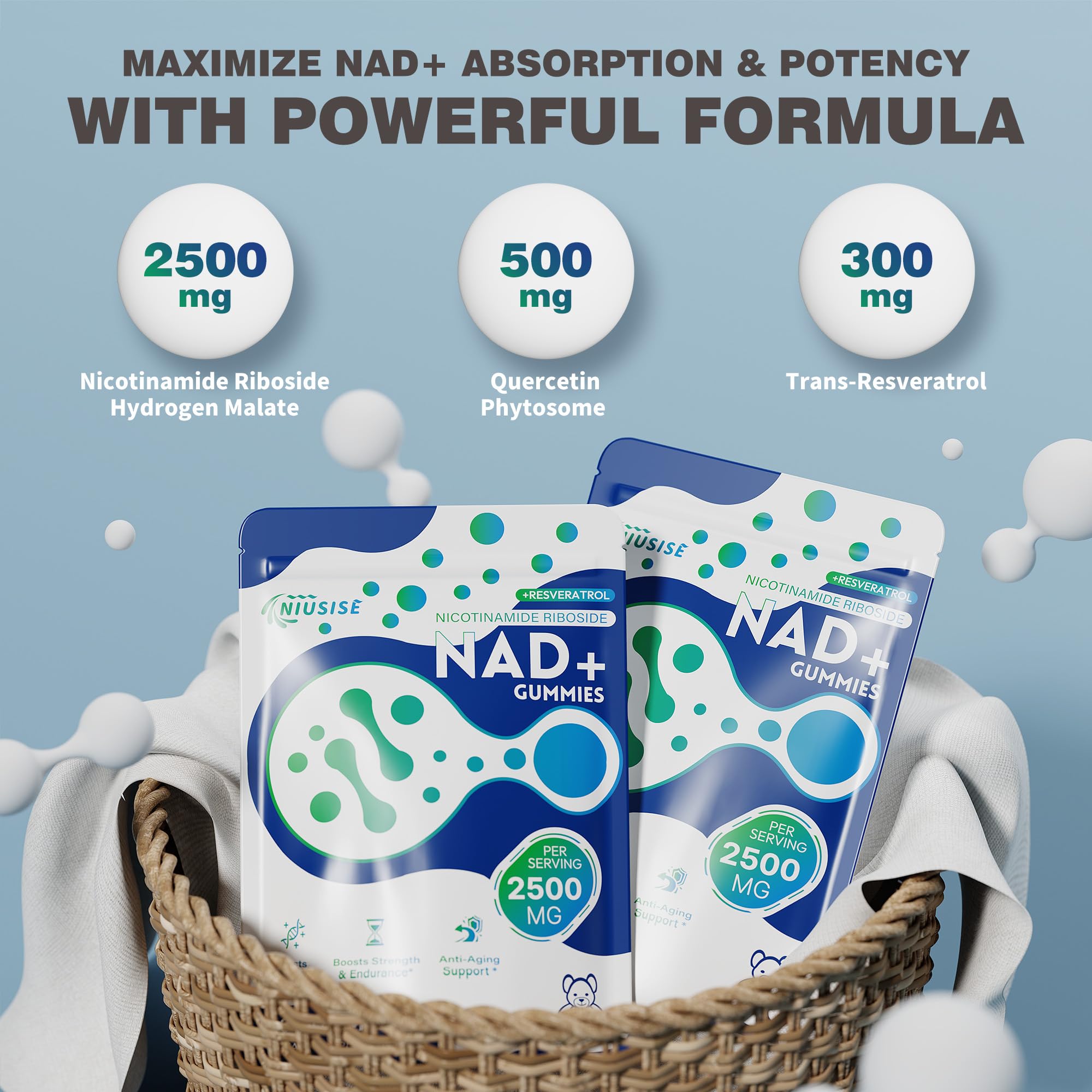 NIUSISE NAD Gummies Sugar Free, NAD+ Supplement with Liposomal Nicotinamide Riboside, Resveratrol, Quercetin, NAD Supplement for Anti-Aging, Energy, Cellular Health, Blueberry Flavor, 60 Gummies NIUSISEAu supplements
