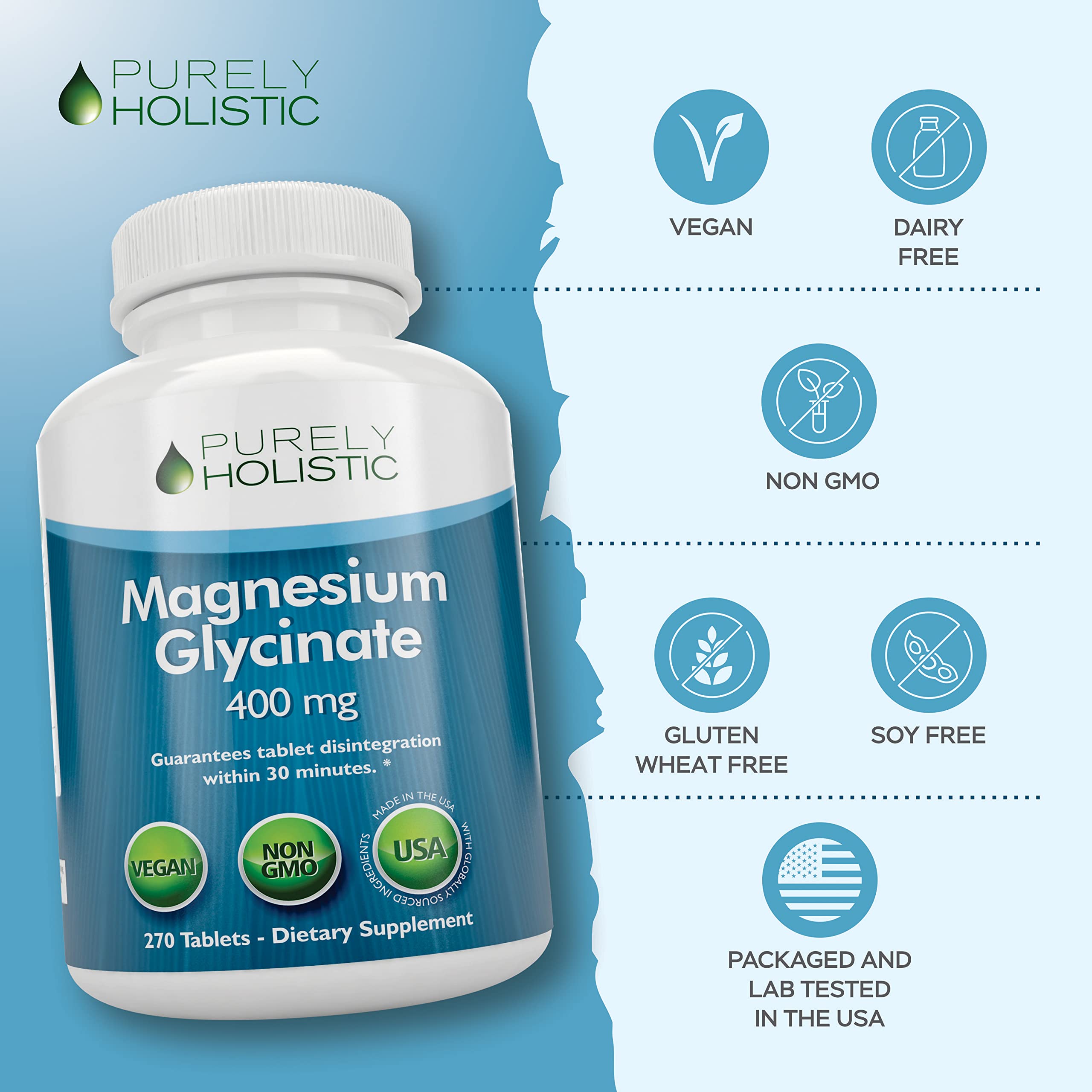 Magnesium Glycinate 400mg - 270 Magnesium Tablets (not Capsules) - 400 mg Elemental Magnesium - Highly Bioavailable - Vegan and Vegetarian - for Improved Sleep, Stress Relief & Cramp Defense Purely HolisticAu supplements