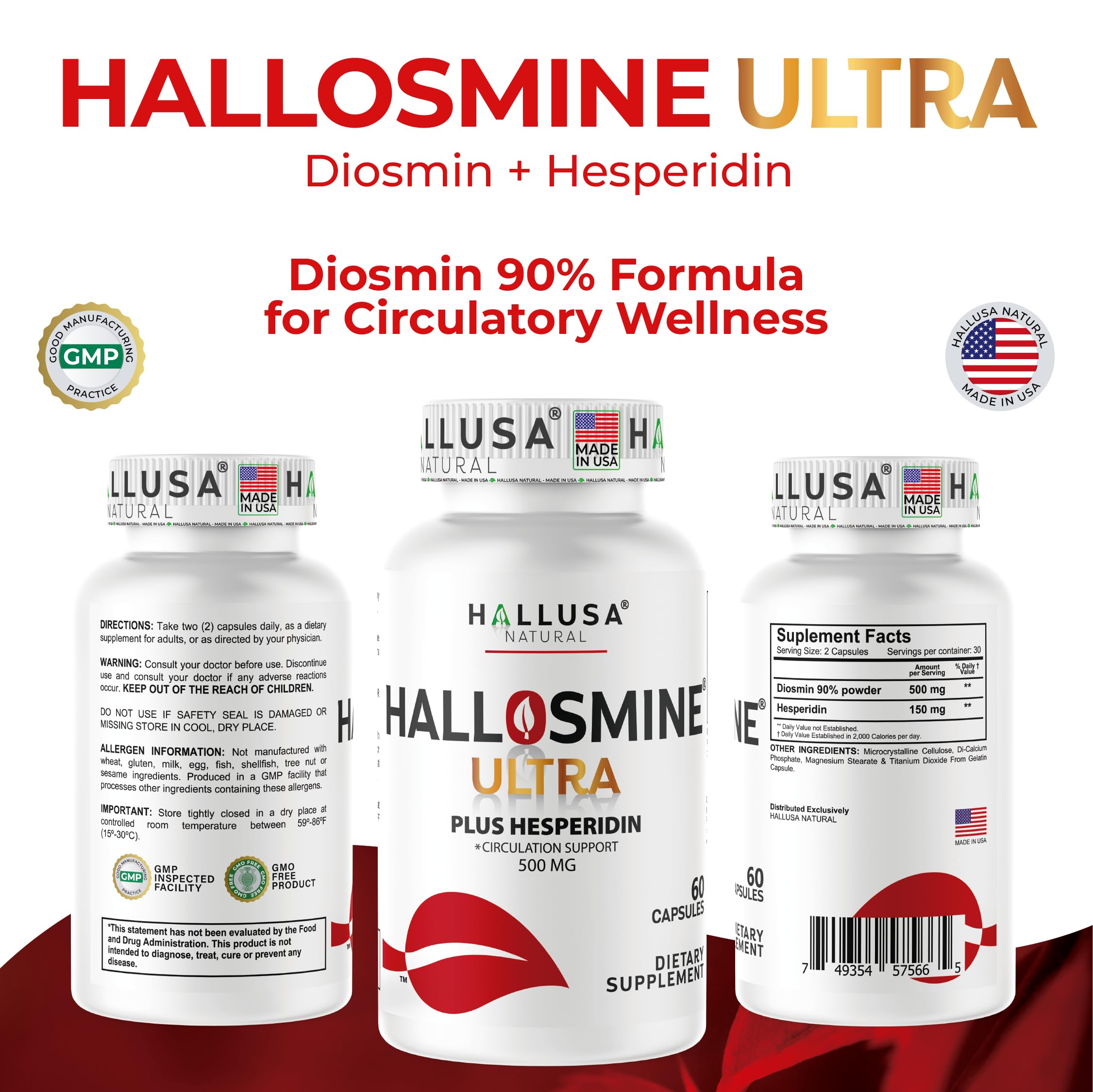 Hallusa Natural Hallosmine Ultra Diosmin 500mg & Hesperidin 150mg – Heavy Legs, Swelling & Vein - Blood Circulation Supplements, 60 Caps Hallusa NaturalAu supplements