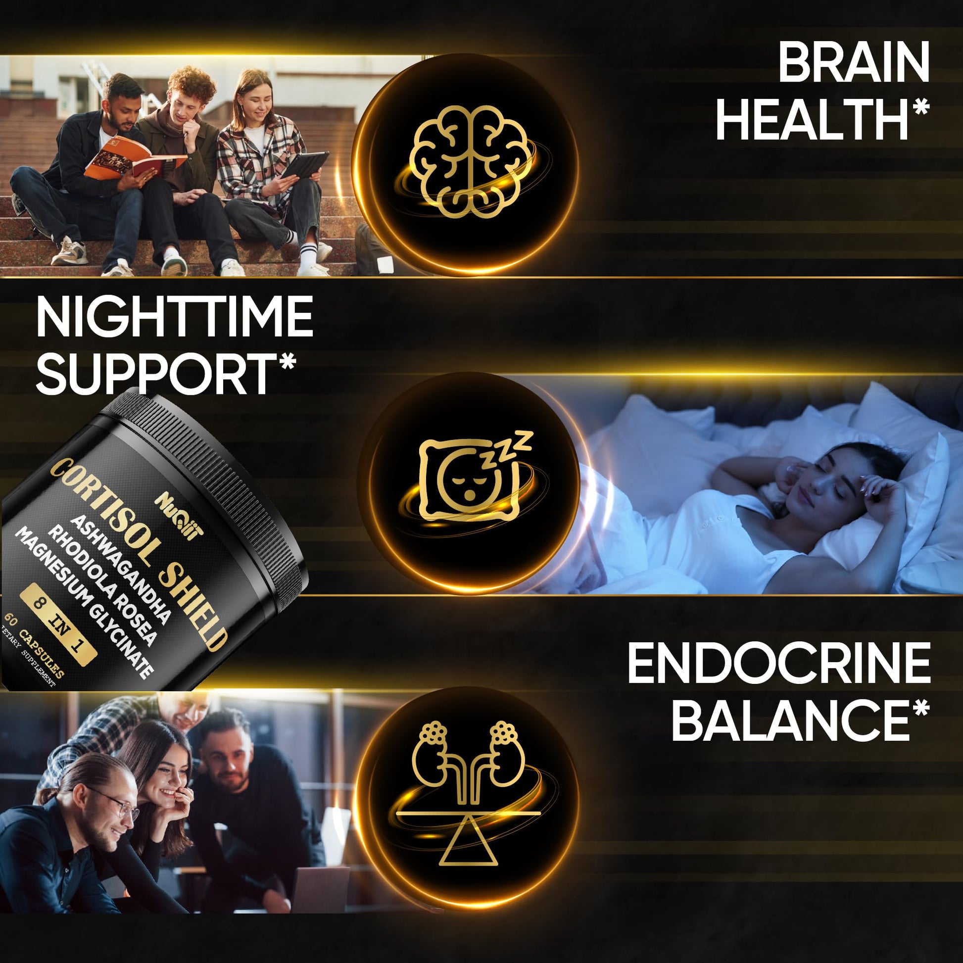 8in1 Cortisol Shield - Ashwagandha and Magnesium, Rhodiola Rosea, Lions Mane, Sea Moss, Turmeric, St Jonh's Wort - Mind& Mood Balance, Rest Well, Support Immume - 60 Capsules NUQIITAu supplements