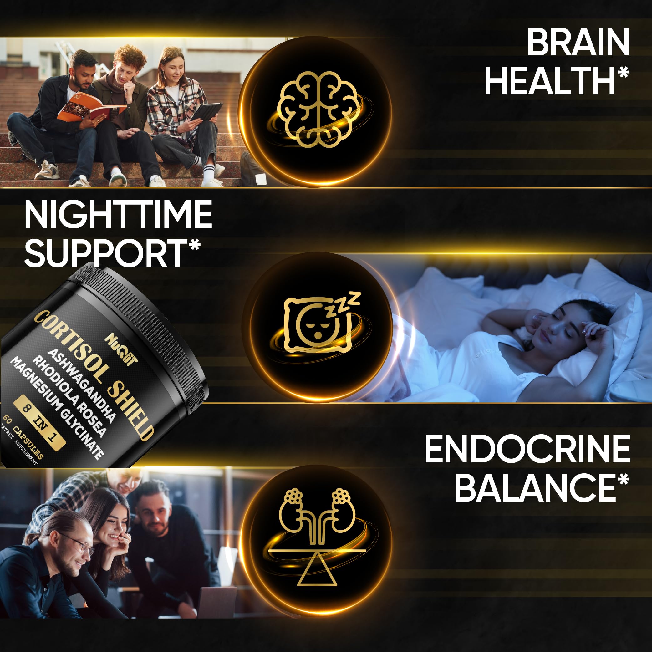 8in1 Cortisol Shield - Ashwagandha and Magnesium, Rhodiola Rosea, Lions Mane, Sea Moss, Turmeric, St Jonh's Wort - Mind& Mood Balance, Rest Well, Support Immume - 60 Capsules NUQIITAu supplements