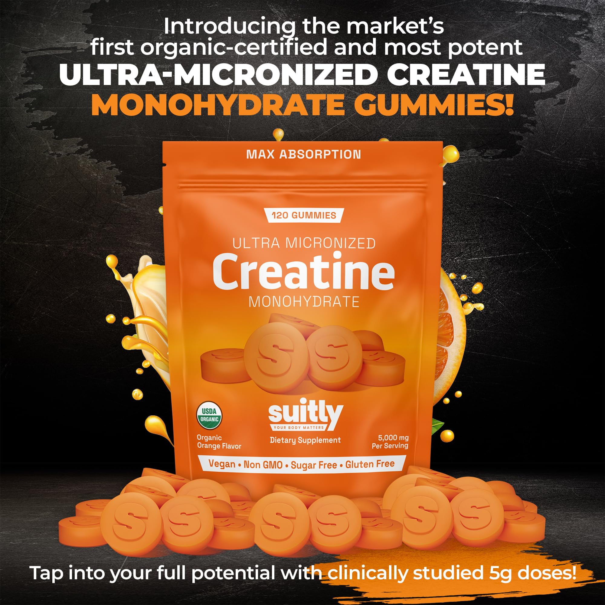 USDA Organic Ultra-Micronized Creatine Gummies for Men & Women; Orange Max Absorption 5g Creatine Gummies Sugar Free for Muscle Gain, Energy & Recovery; Muscle Builder for Women with Pouch - 120 Count SuitlyAu supplements