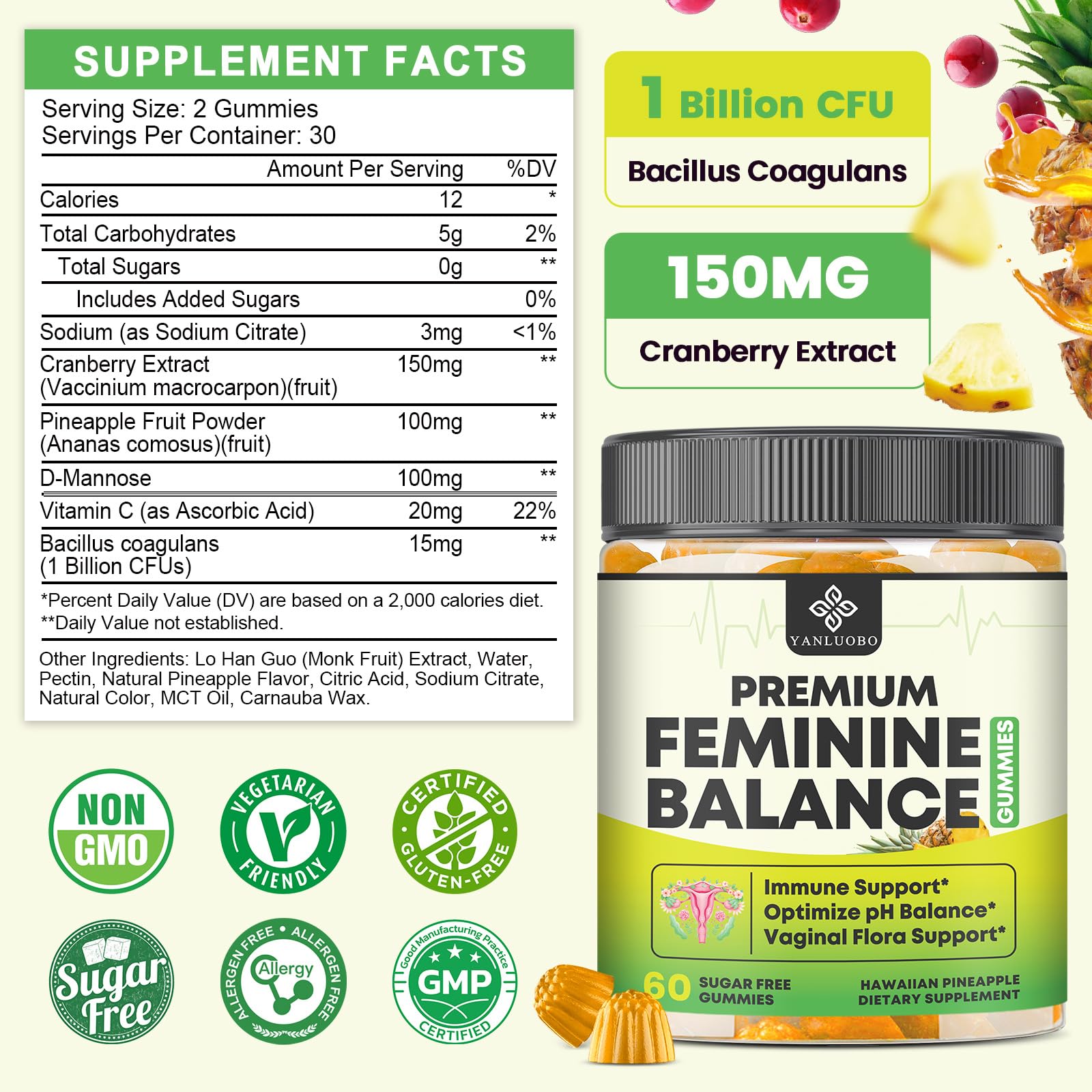 YANLUOBO Feminine Balance Probiotic Gummies - Women's Vaginal Health Support | PH Balance & Odor, Flora, Immune Support | Probiotics for Women, Vegan Pineapple Flavor, 60 Count YANLUOBOAu supplements