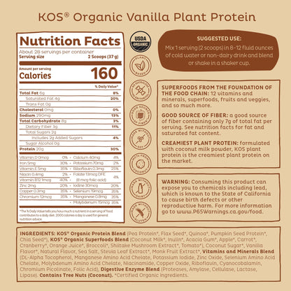 KOS Vegan Protein Powder Erythritol Free, Vanilla USDA Organic - Pea Protein Blend, Plant Based Superfood Rich in Vitamins & Minerals - Keto, Dairy Free - Meal Replacement for Women & Men, 28 Servings KOSUS supplements