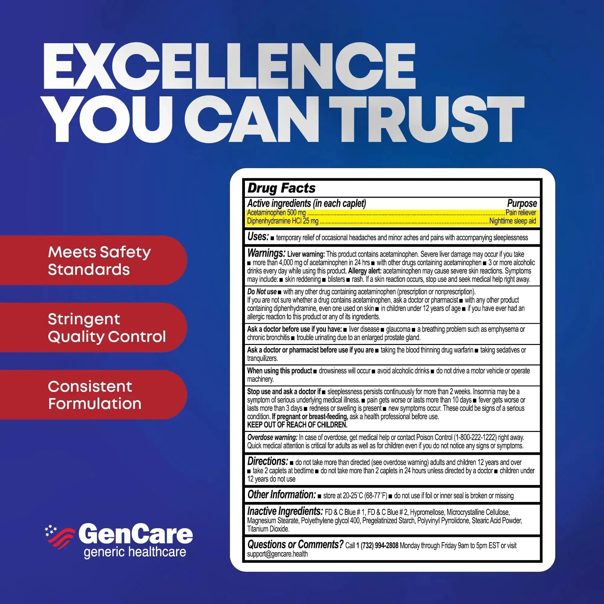 GenCare Extra Strength Acetaminophen PM 500 mg (375 Tablets) | Ultimate Pain Relief & Sleep Support for Adults | Quick Acting & Non Habit Forming Headache Relief | Eases Aches & Joint Discomfort GenCareAu supplements