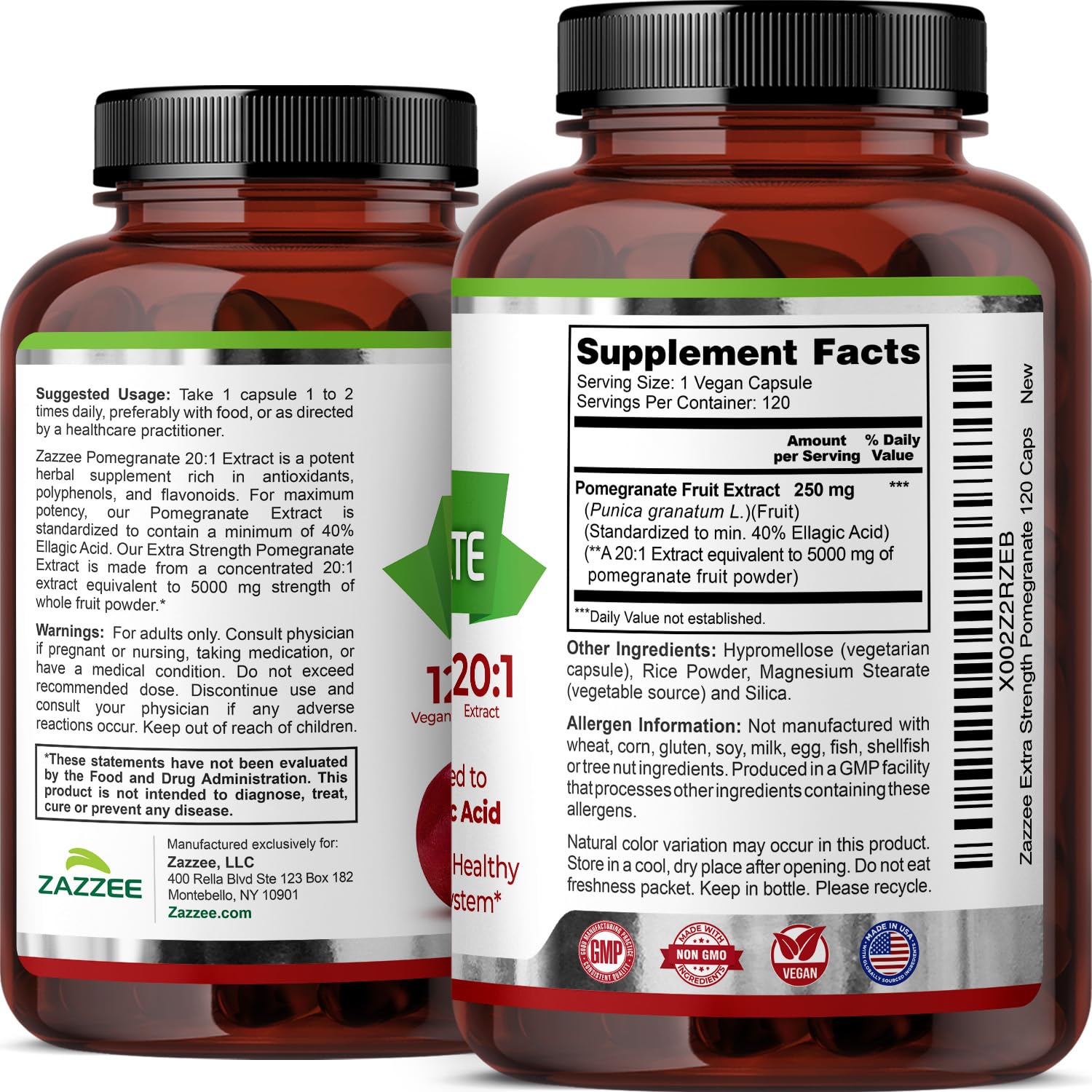 Zazzee Extra Strength Pomegranate 20:1 Extract, 40% Ellagic Acid, 120 Vegan Capsules, 4 Month Supply, Punica Granatum, Antioxidant & Cellular Health Support, Non-GMO, Made in the USA ZazzeeAu supplements