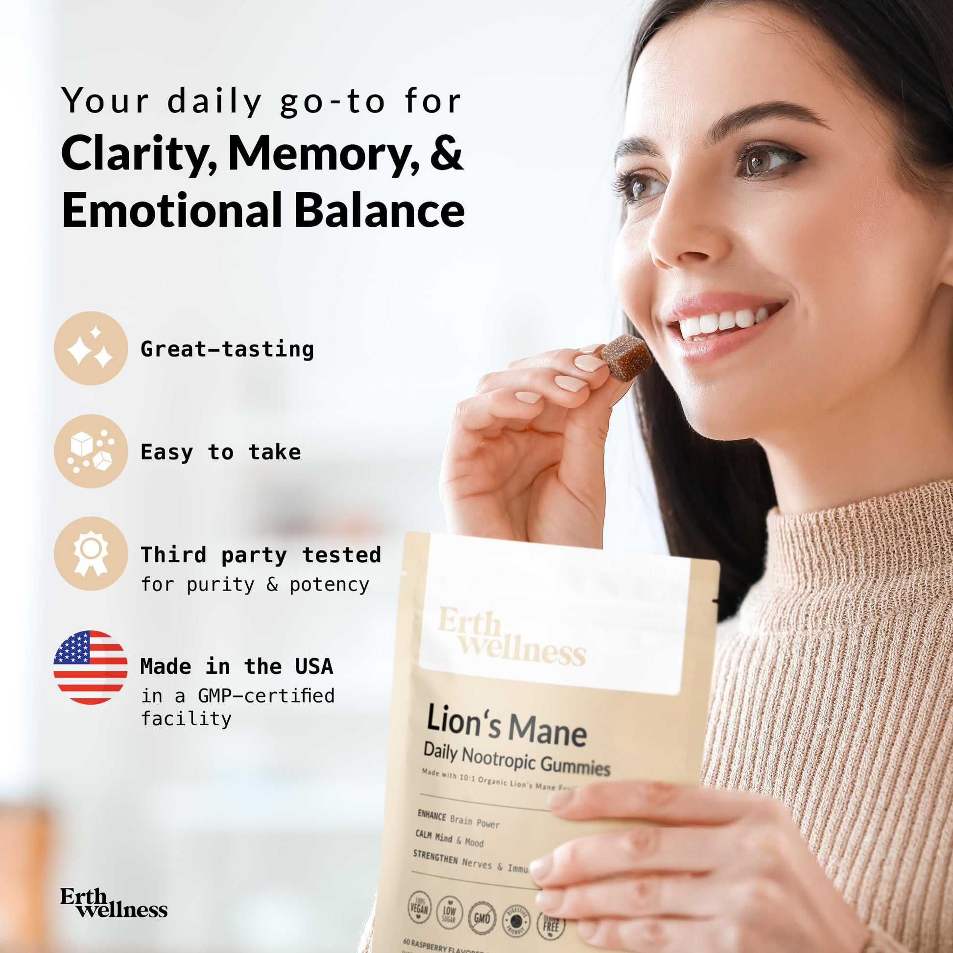 Erth Wellness Lion’s Mane Mushroom Gummies – 10,000mg Fruiting Body Extract per Serving – Brain & Focus Support – Daily Nootropic – Vegan, Low Sugar, Non-GMO – 60 Ct Erth WellnessAu supplements
