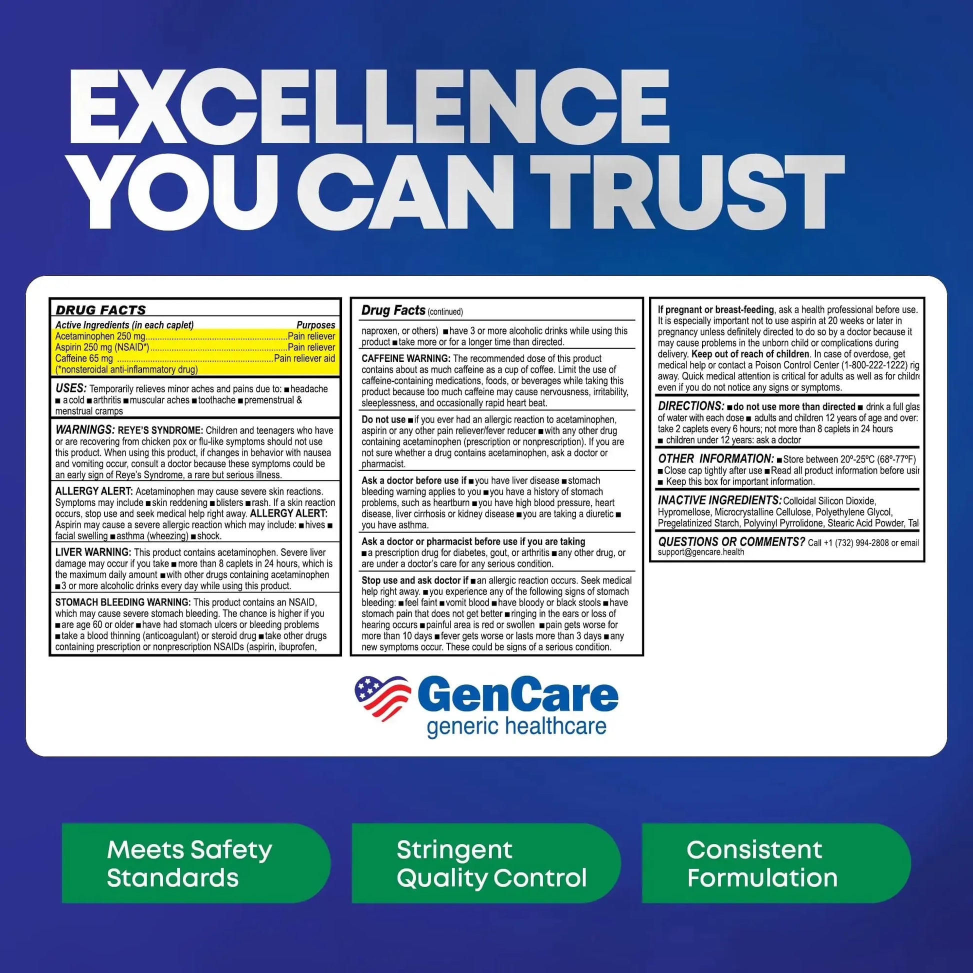 GenCare - Headache Relief Acetaminophen with Aspirin (NSAID) & Caffeine (300 Caplets) Value Pack | Head Pain, Muscle Aches, Back Pain & Body | Generic ExcedrEn Extra Strength GenCareAu supplements