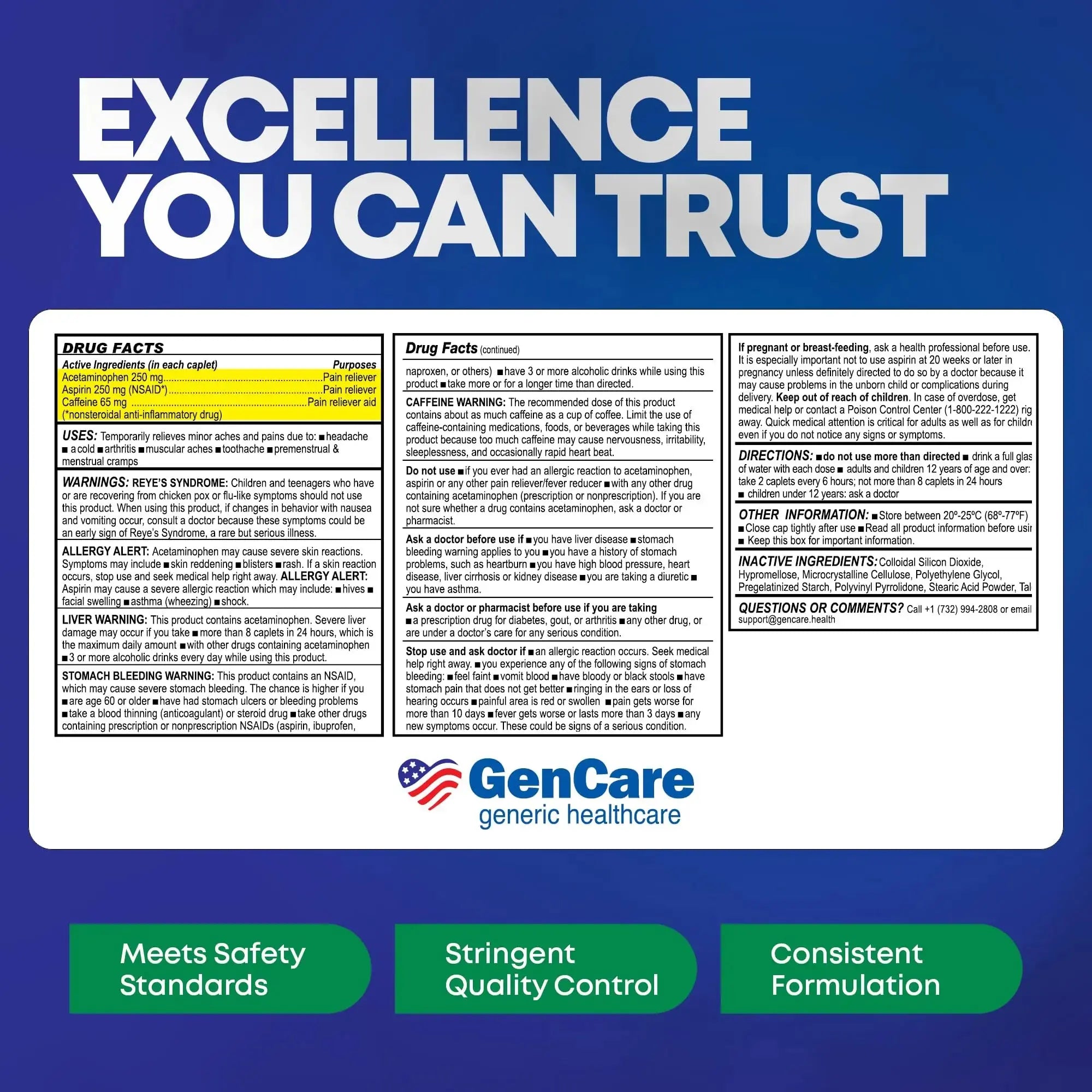 GenCare - Headache Relief Acetaminophen with Aspirin (NSAID) & Caffeine (300 Caplets) Value Pack | Head Pain, Muscle Aches, Back Pain & Body | Generic ExcedrEn Extra Strength GenCareAu supplements