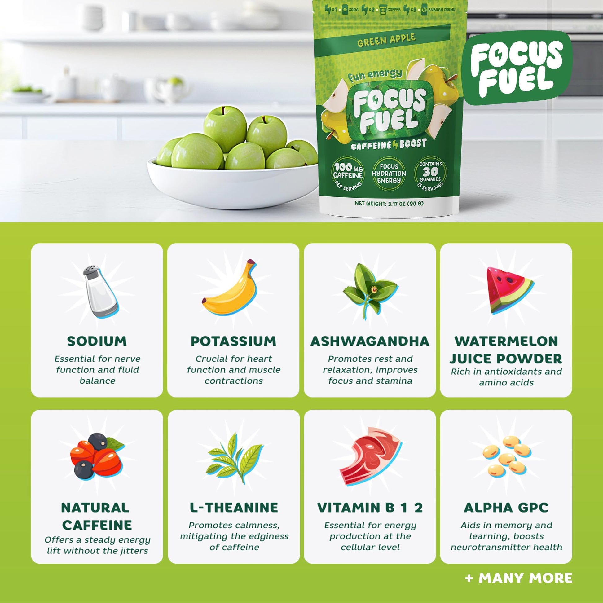 FocusFuel Energy Chews – Green Apple Flavor (15 Servings) – 100mg Caffeine + B12, Magnesium, Alpha GPC – Boost Focus & Energy – No Crash or Jitters FocusFuelAu supplements
