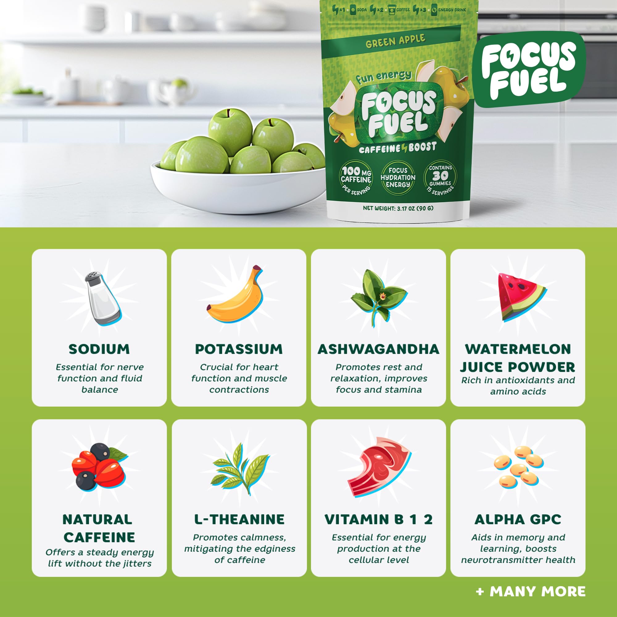 FocusFuel Energy Chews – Green Apple Flavor (15 Servings) – 100mg Caffeine + B12, Magnesium, Alpha GPC – Boost Focus & Energy – No Crash or Jitters FocusFuelAu supplements