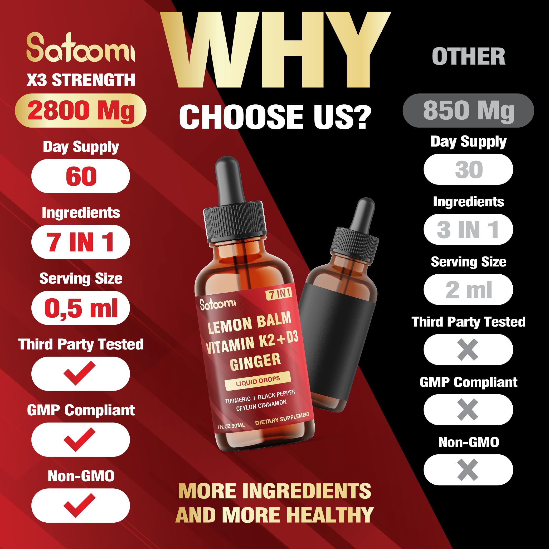 Satoomi 7in1 Lemon Balm Tincture with Vitamin D3, Vitamin K2, Ginger Root, Turmeric, Ceylon Cinnamon and Black Pepper - 1 FL Oz - 60 Day Supply SatoomiAu supplements