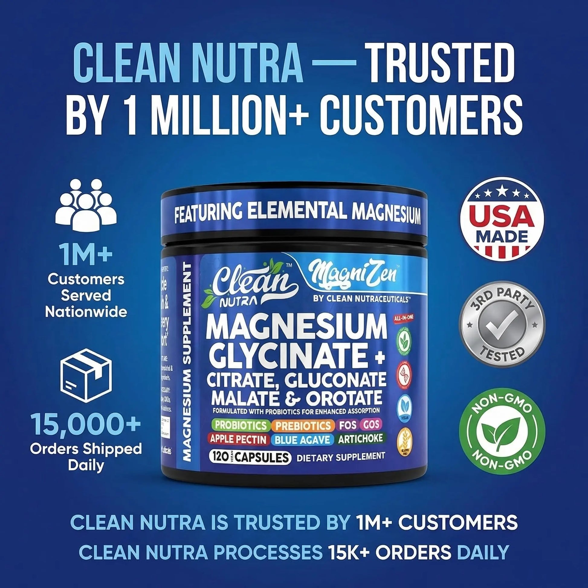 Clean Nutra Magnesium Glycinate Citrate Malate Orotate Taurate Supplement Complex + 10 Strain Probiotic Prebiotics FOS GOS Inulin Sleep Calm Support Apple Pectin – 120 Vegan Capsules Clean Nutraceuticalsnz supplements