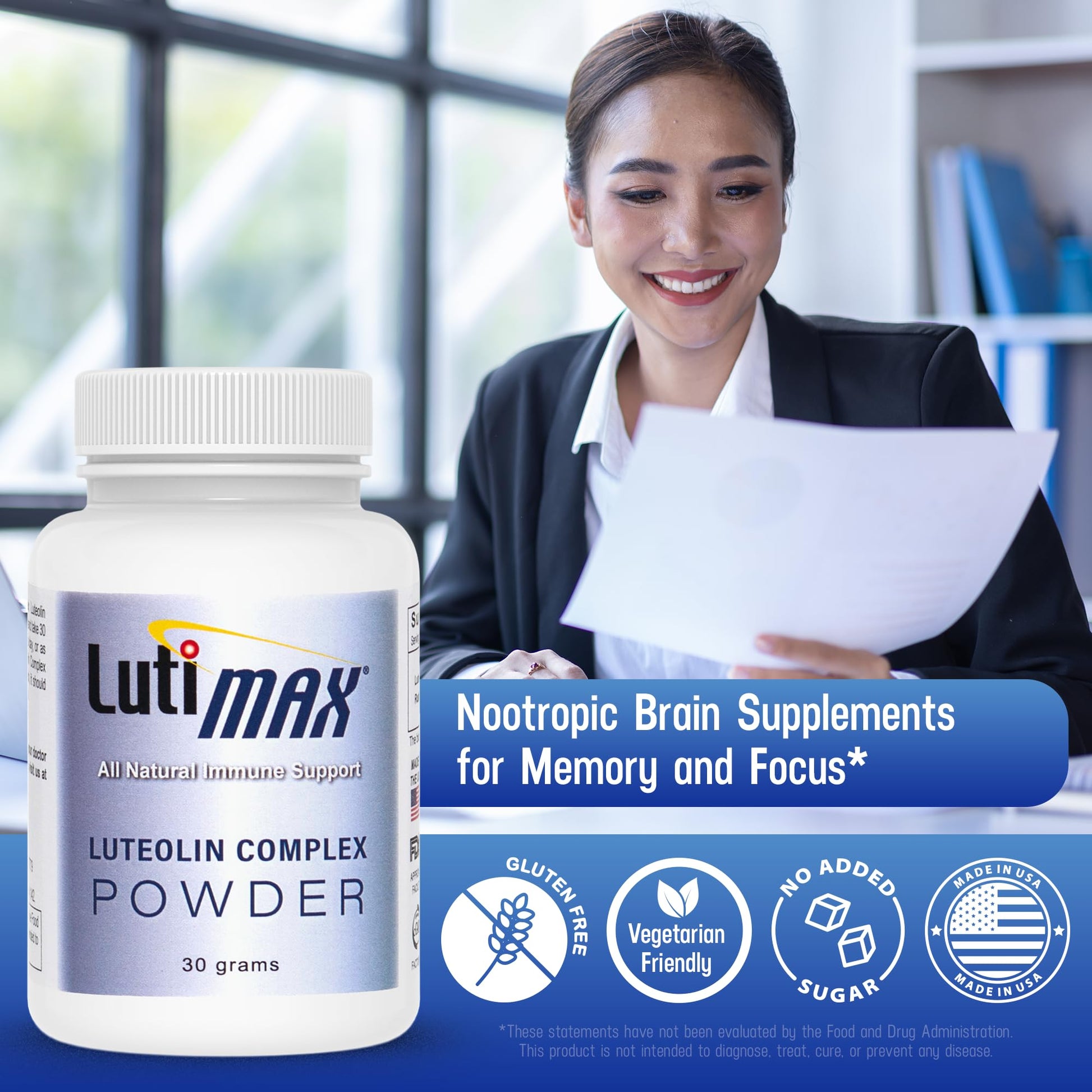 Lutimax Luteolin Complex Powder Brain Supplement with Rutin - Nootropic Brain Supplements for Memory and Focus to Improve Brain Health - Antioxidant Supplement for Immune Support - 100 Servings Solo LutiAu supplements