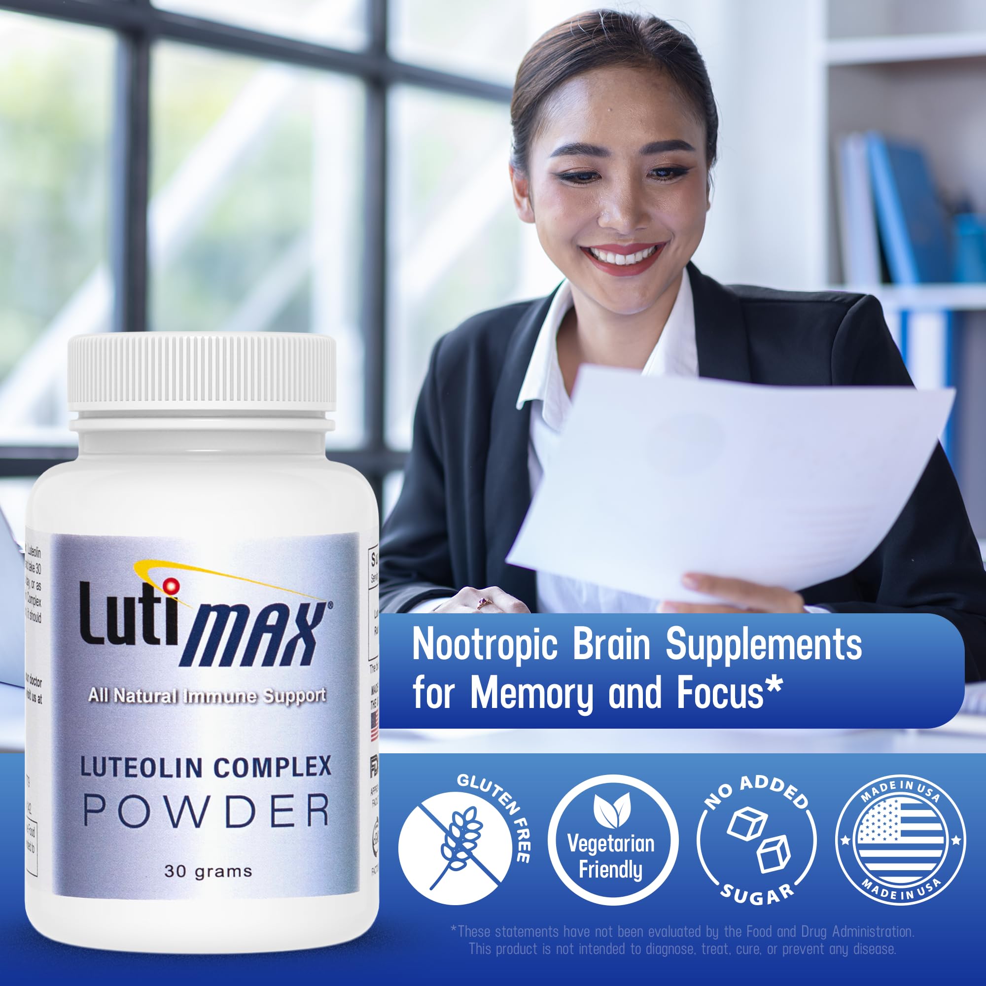 Lutimax Luteolin Complex Powder Brain Supplement with Rutin - Nootropic Brain Supplements for Memory and Focus to Improve Brain Health - Antioxidant Supplement for Immune Support - 100 Servings Solo LutiAu supplements