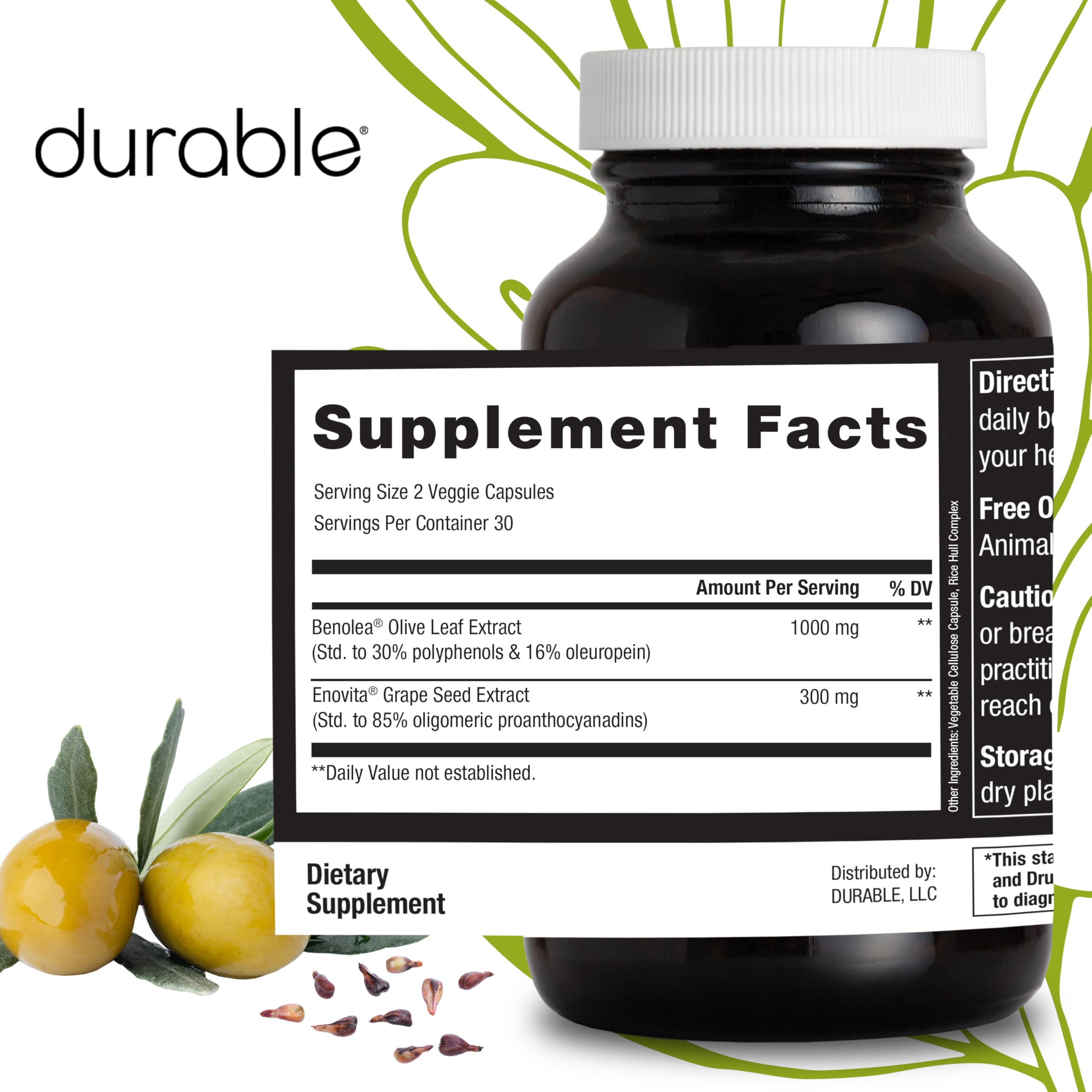 Durable Blood Pressure – Benolea Olive Leaf & Enovita Grape Seed Extract – Healthy Circulation, Nitric Oxide & Artery Support – Doctor Formulated, Vegan, Non-GMO, Made in USA (60 Capsules) DurableAu supplements